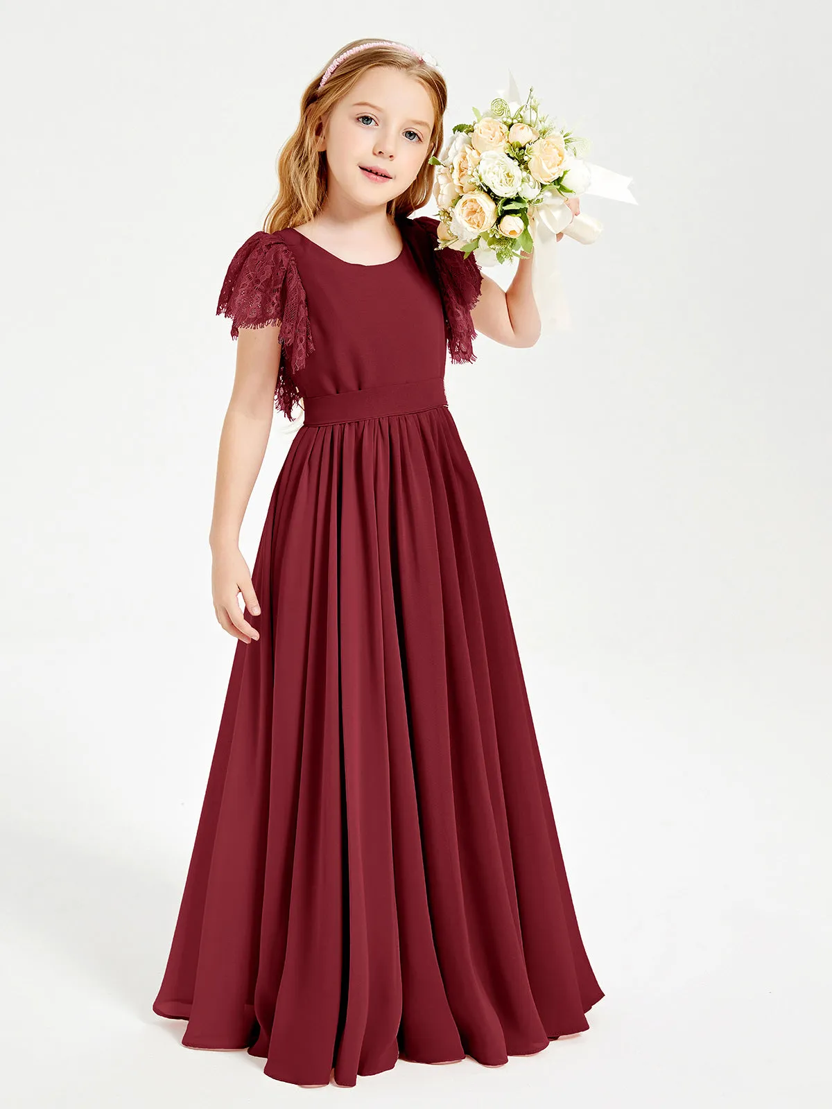 Chiffon Junior Bridesmaid Dresses Lace Flutter Sleeves Scoop Neck Burgundy