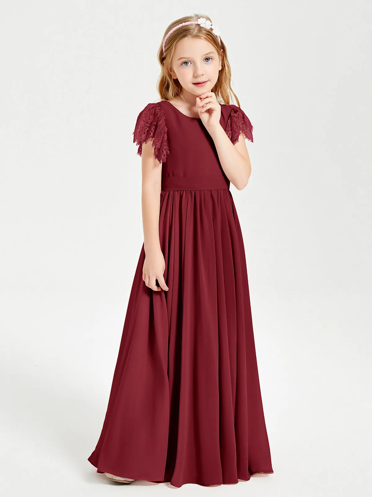 Chiffon Junior Bridesmaid Dresses Lace Flutter Sleeves Scoop Neck Burgundy