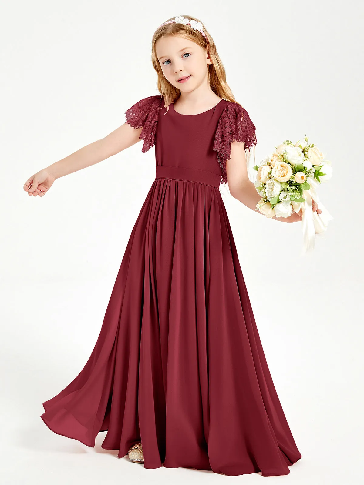 Chiffon Junior Bridesmaid Dresses Lace Flutter Sleeves Scoop Neck Burgundy