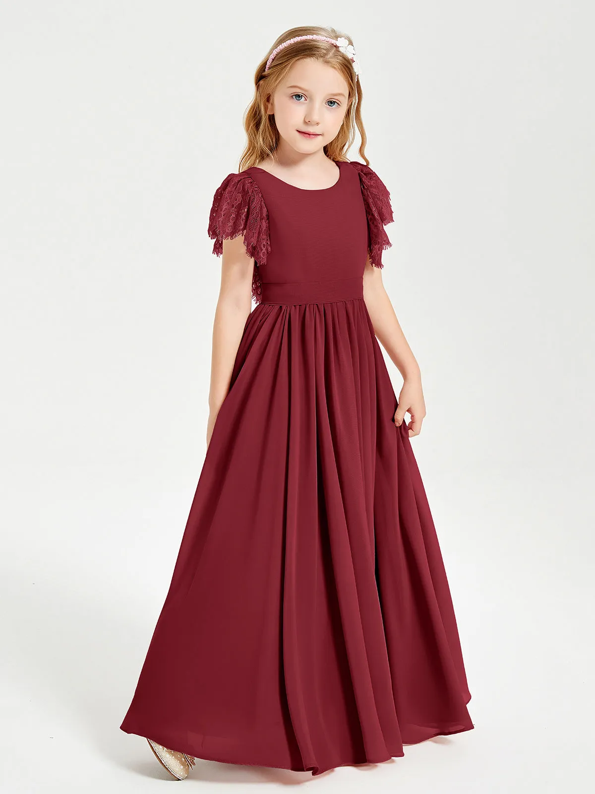 Chiffon Junior Bridesmaid Dresses Lace Flutter Sleeves Scoop Neck Burgundy