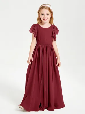 Chiffon Junior Bridesmaid Dresses Lace Flutter Sleeves Scoop Neck Burgundy