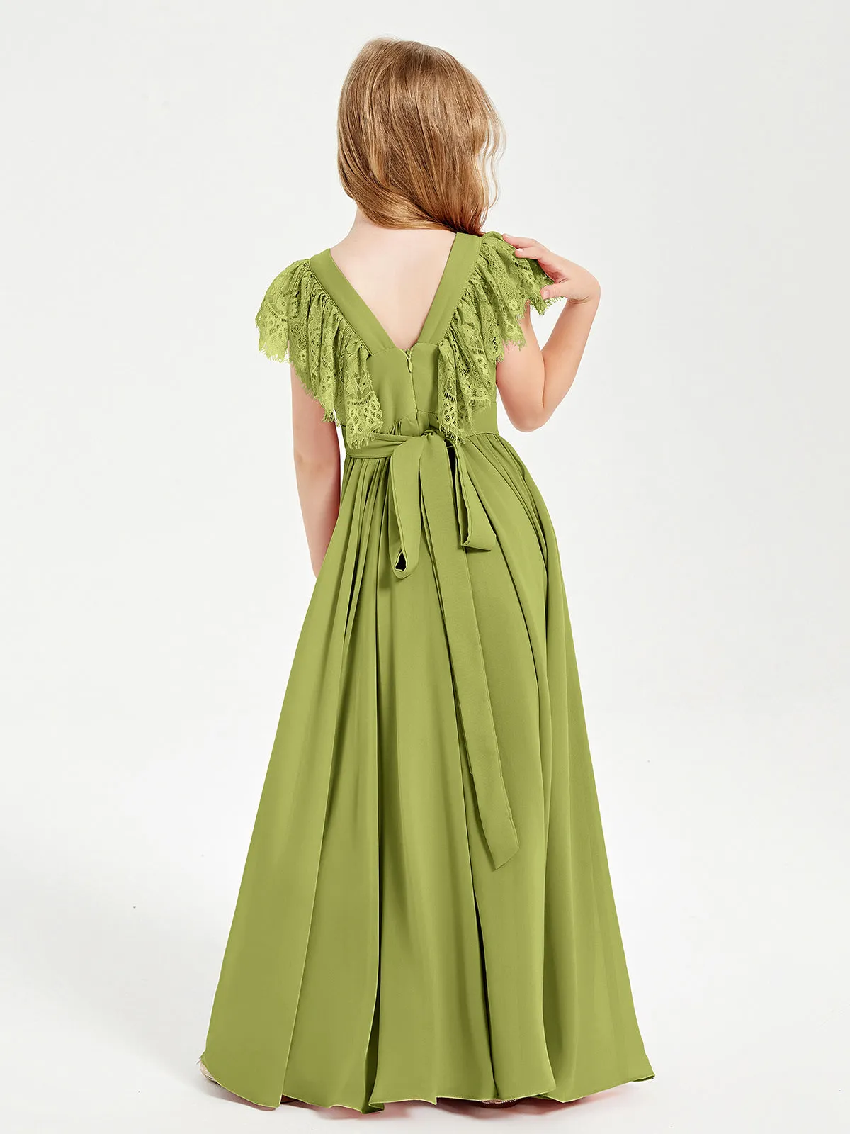 Chiffon Junior Bridesmaid Dresses Lace Flutter Sleeves Scoop Neck Clover