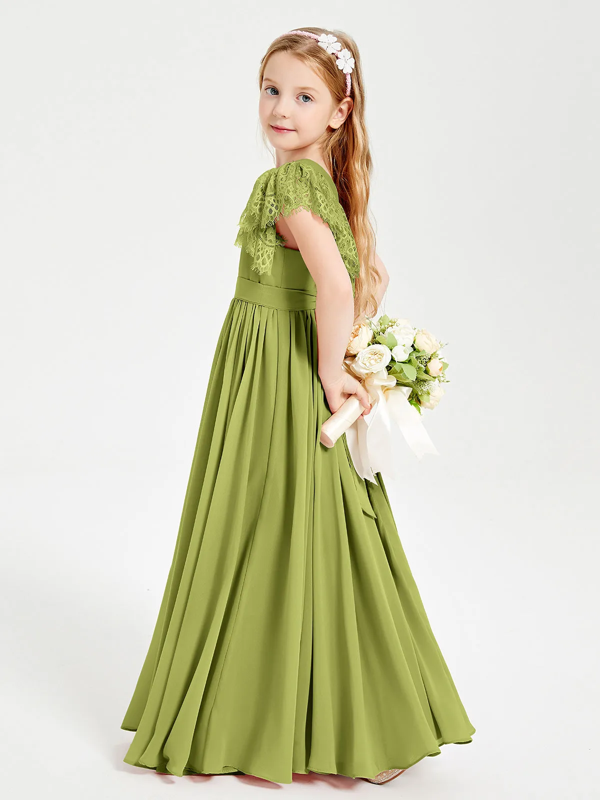 Chiffon Junior Bridesmaid Dresses Lace Flutter Sleeves Scoop Neck Clover