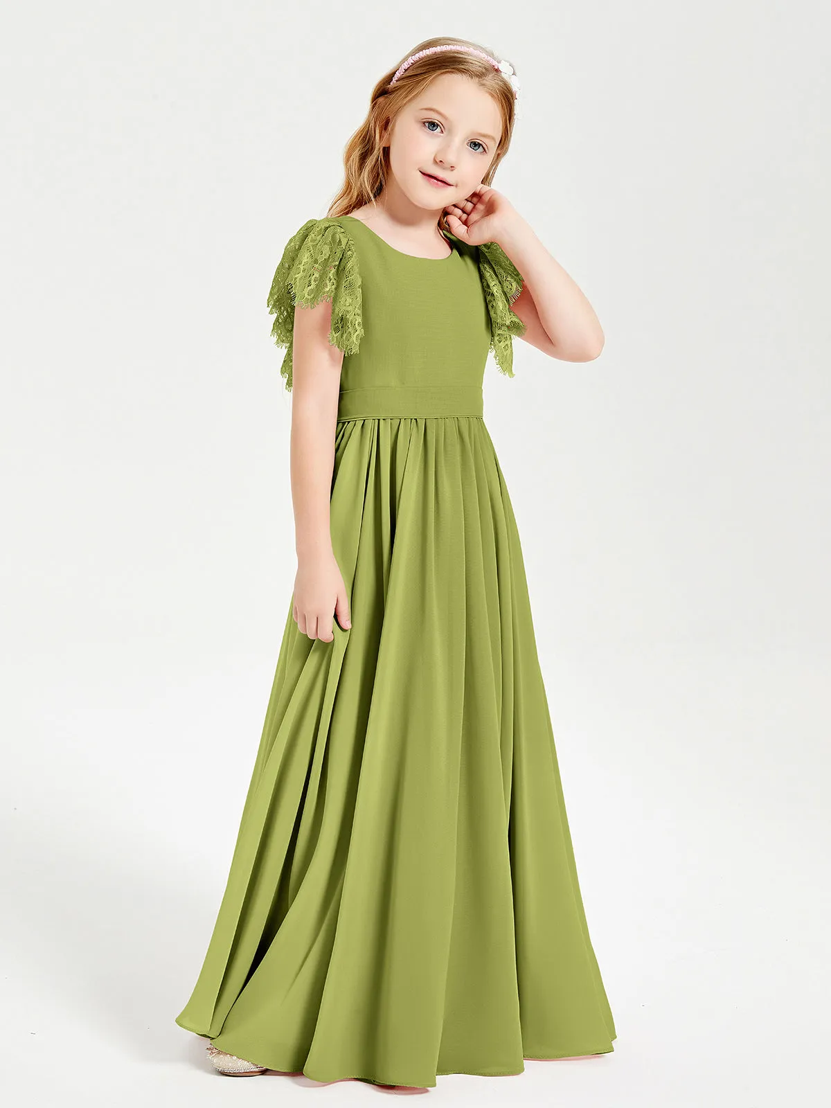 Chiffon Junior Bridesmaid Dresses Lace Flutter Sleeves Scoop Neck Clover