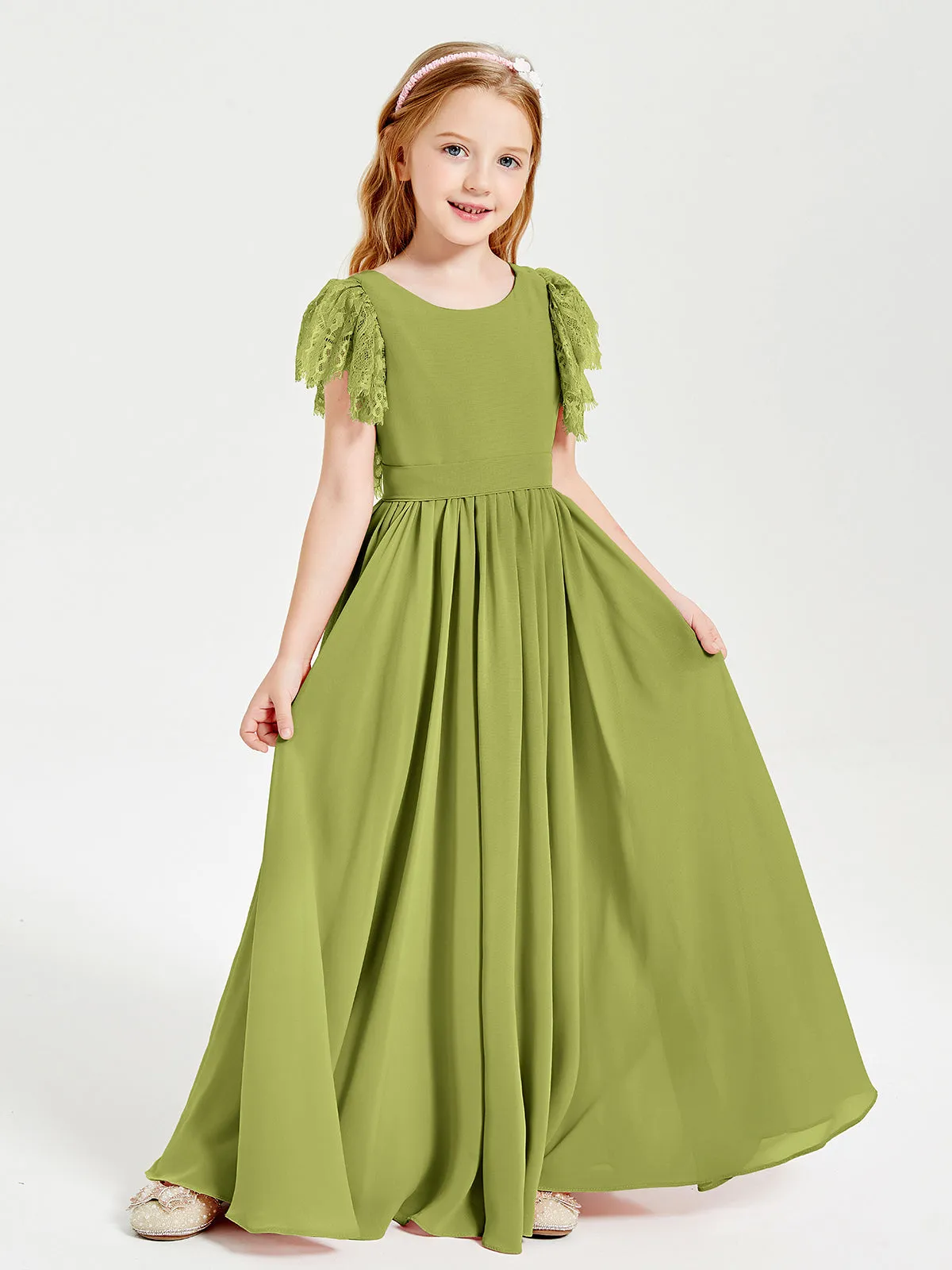 Chiffon Junior Bridesmaid Dresses Lace Flutter Sleeves Scoop Neck Clover