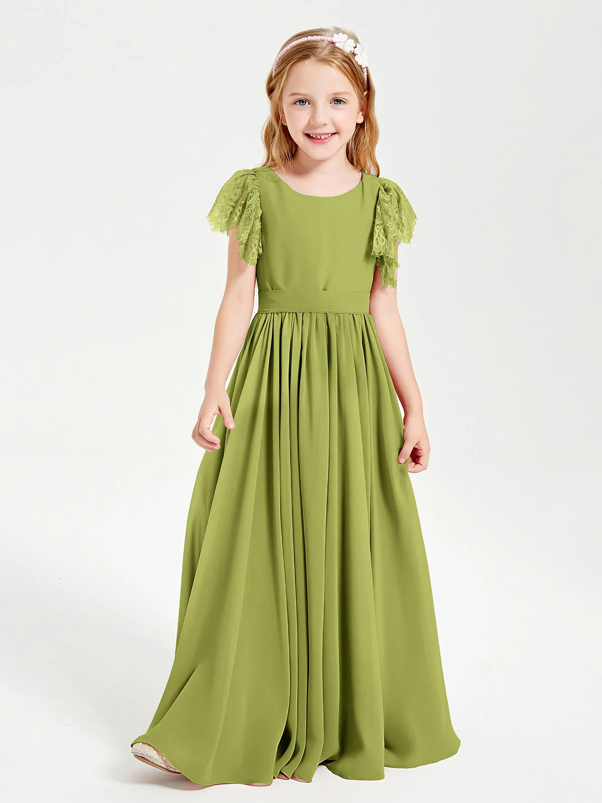 Chiffon Junior Bridesmaid Dresses Lace Flutter Sleeves Scoop Neck Clover