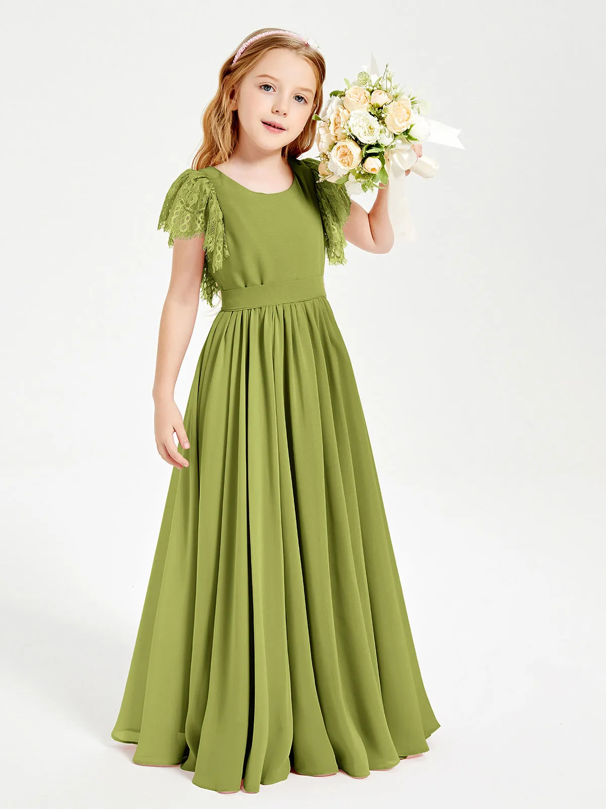 Chiffon Junior Bridesmaid Dresses Lace Flutter Sleeves Scoop Neck Clover