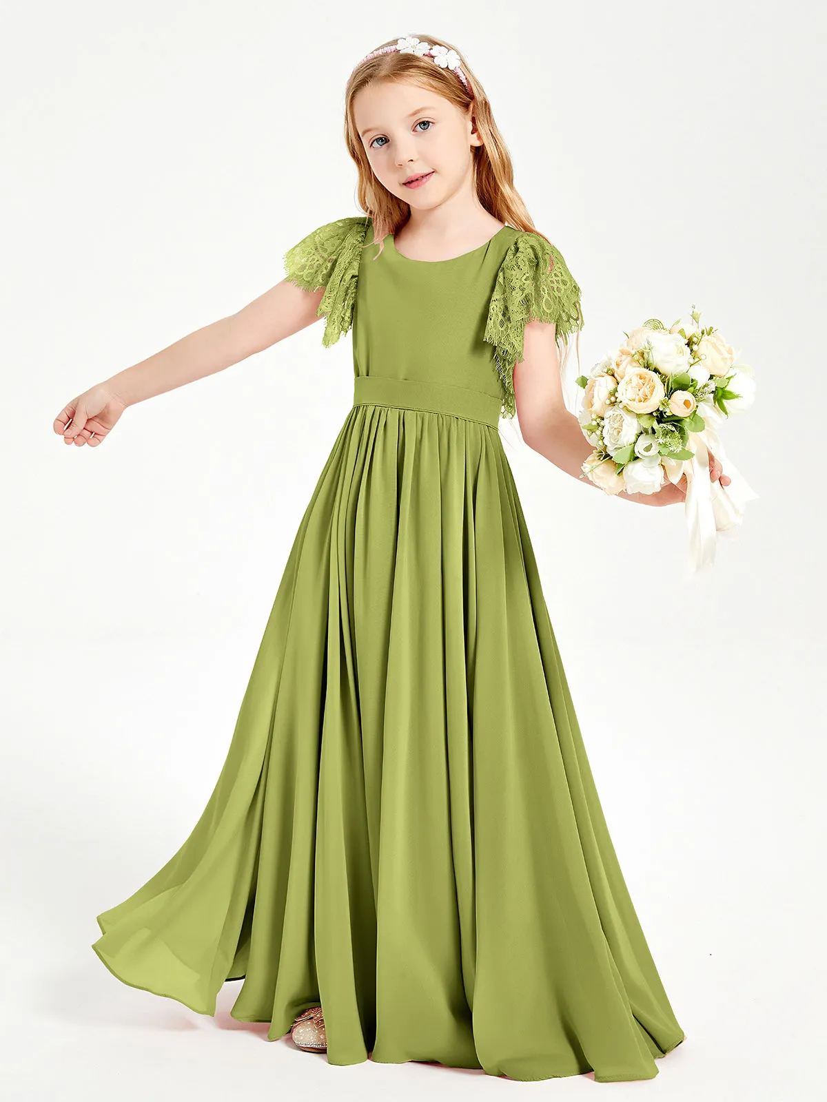 Chiffon Junior Bridesmaid Dresses Lace Flutter Sleeves Scoop Neck Clover