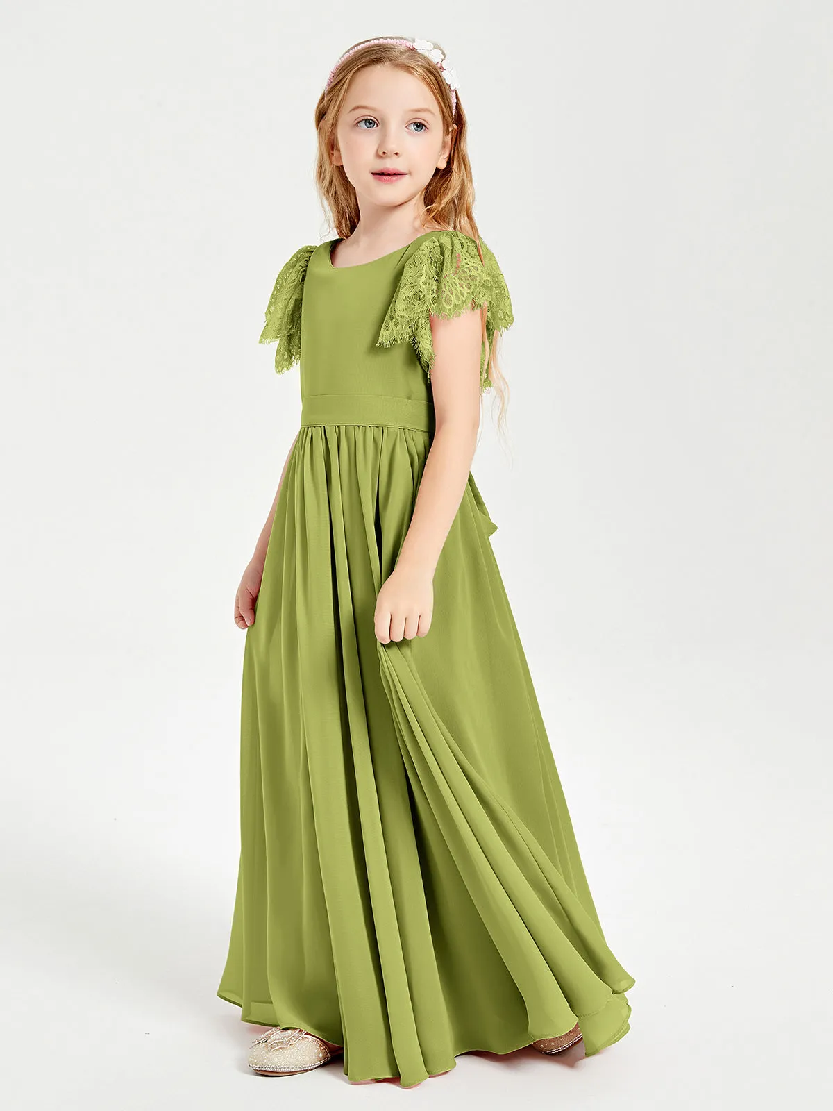 Chiffon Junior Bridesmaid Dresses Lace Flutter Sleeves Scoop Neck Clover