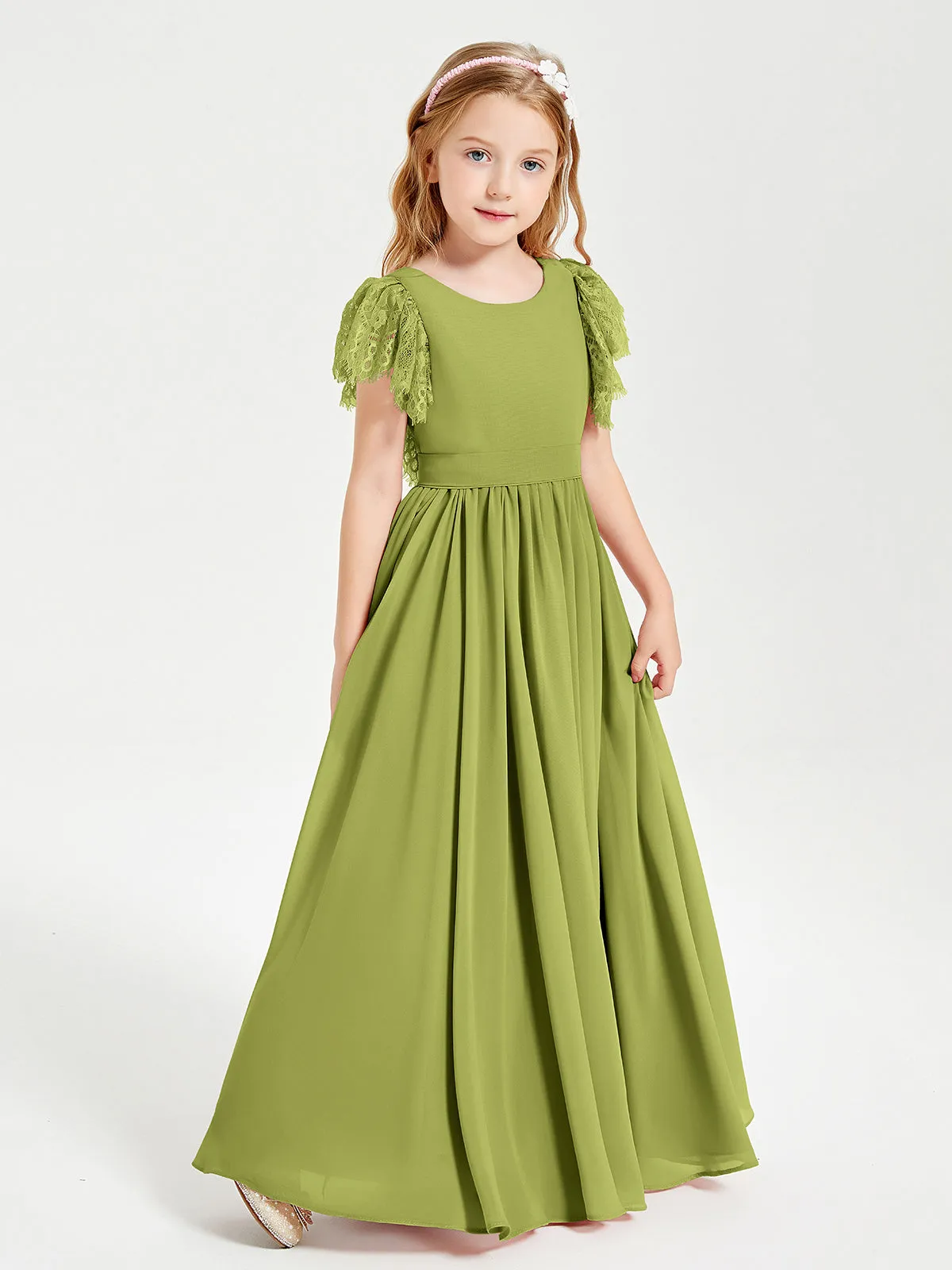 Chiffon Junior Bridesmaid Dresses Lace Flutter Sleeves Scoop Neck Clover