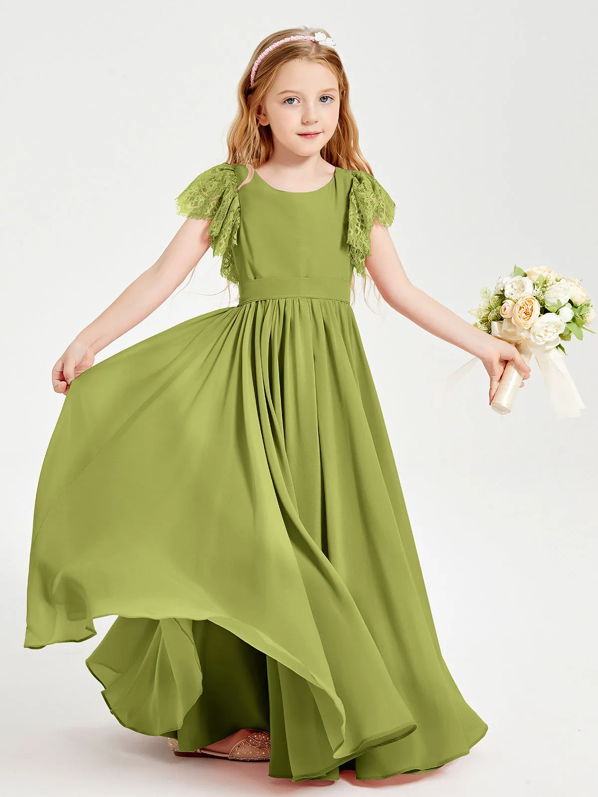 Chiffon Junior Bridesmaid Dresses Lace Flutter Sleeves Scoop Neck Clover