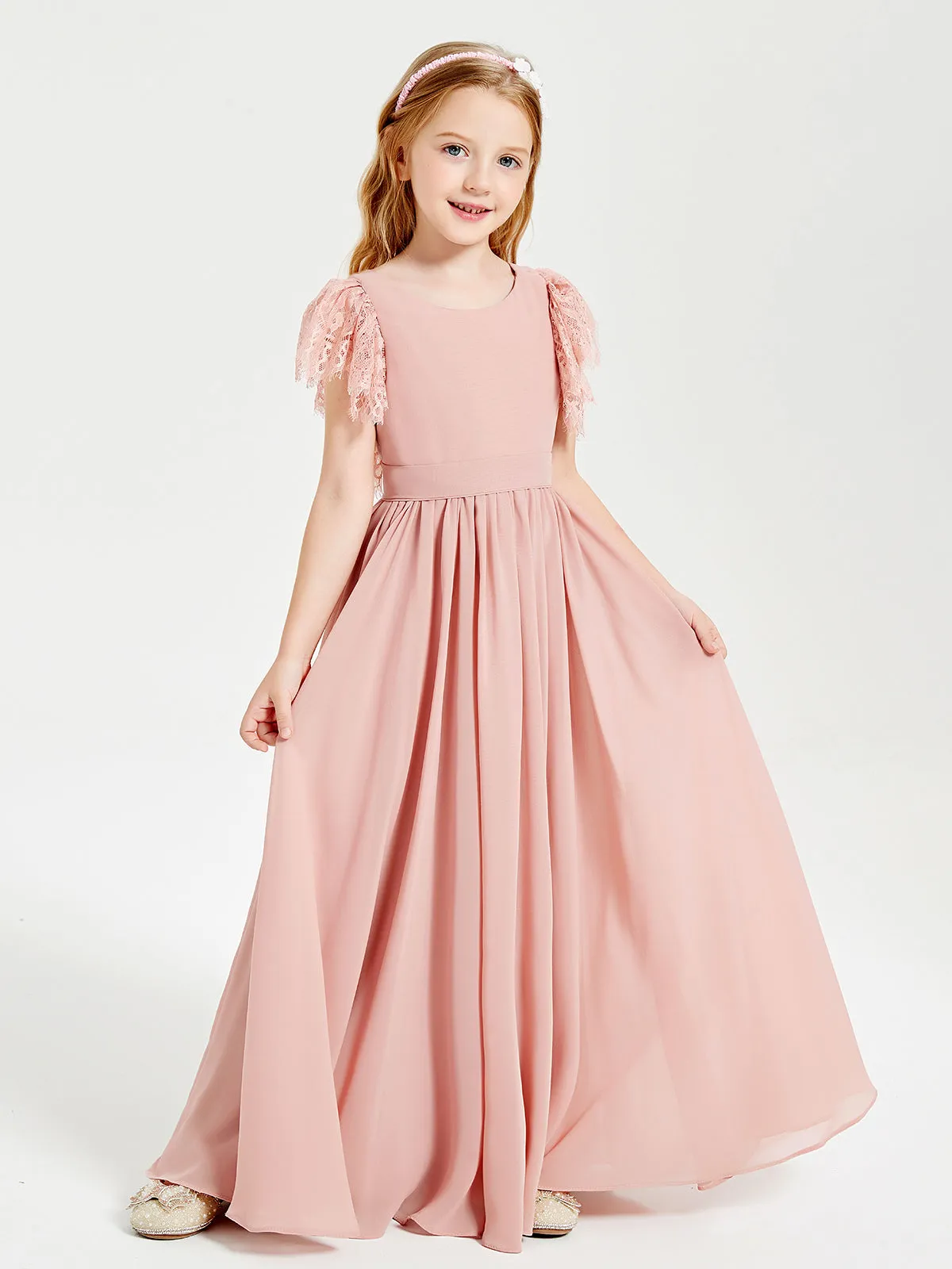 Chiffon Junior Bridesmaid Dresses Lace Flutter Sleeves Scoop Neck Dusty Rose