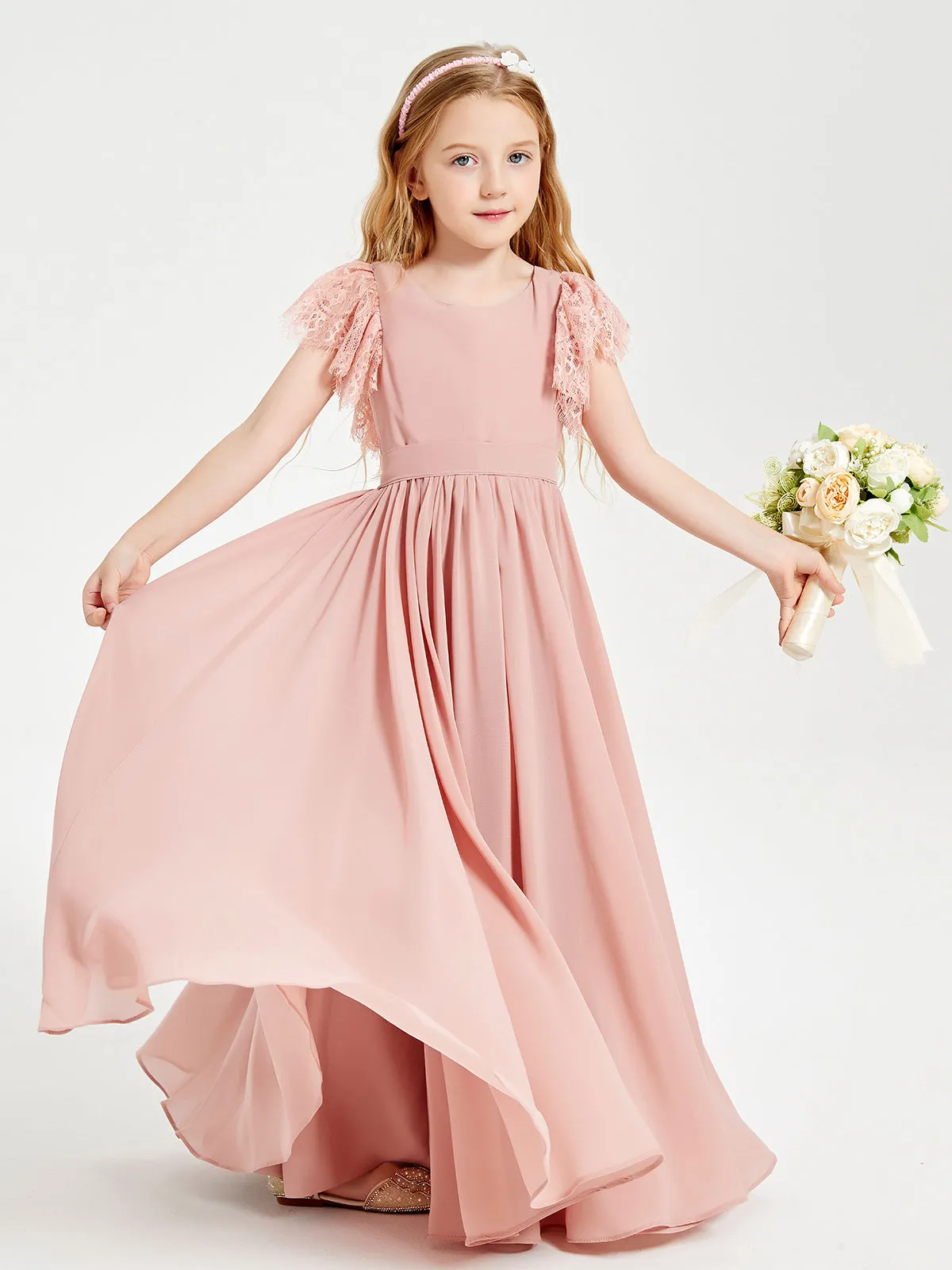 Chiffon Junior Bridesmaid Dresses Lace Flutter Sleeves Scoop Neck Dusty Rose