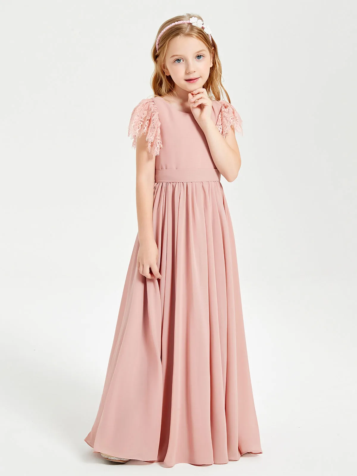 Chiffon Junior Bridesmaid Dresses Lace Flutter Sleeves Scoop Neck Dusty Rose