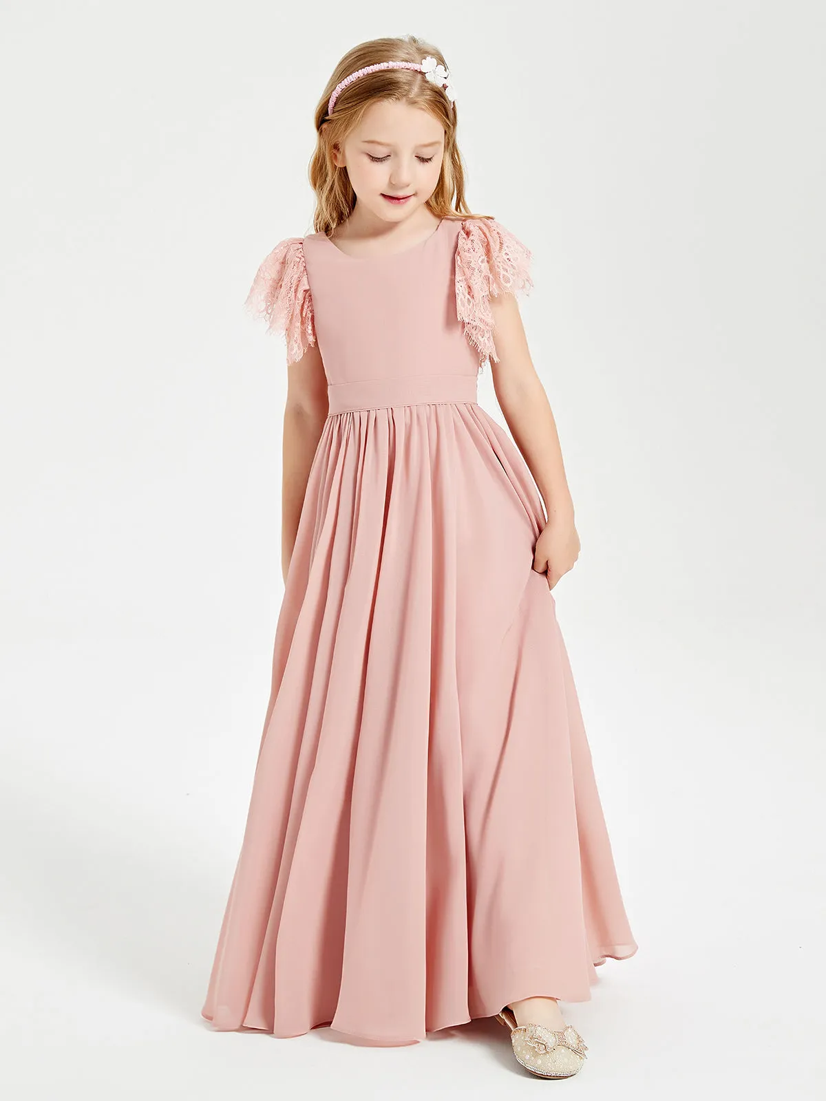 Chiffon Junior Bridesmaid Dresses Lace Flutter Sleeves Scoop Neck Dusty Rose