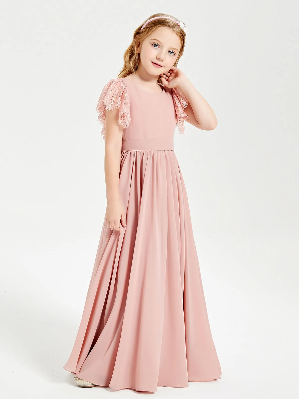 Chiffon Junior Bridesmaid Dresses Lace Flutter Sleeves Scoop Neck Dusty Rose