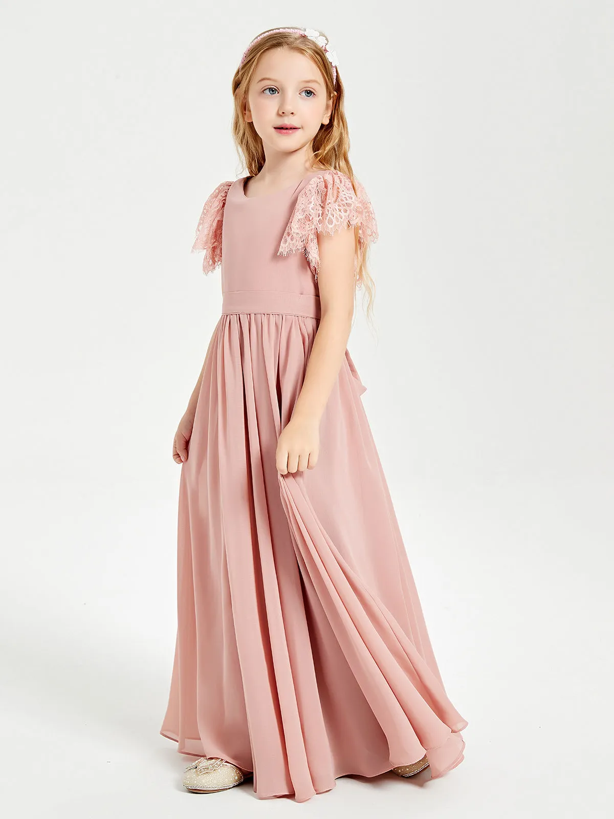 Chiffon Junior Bridesmaid Dresses Lace Flutter Sleeves Scoop Neck Dusty Rose