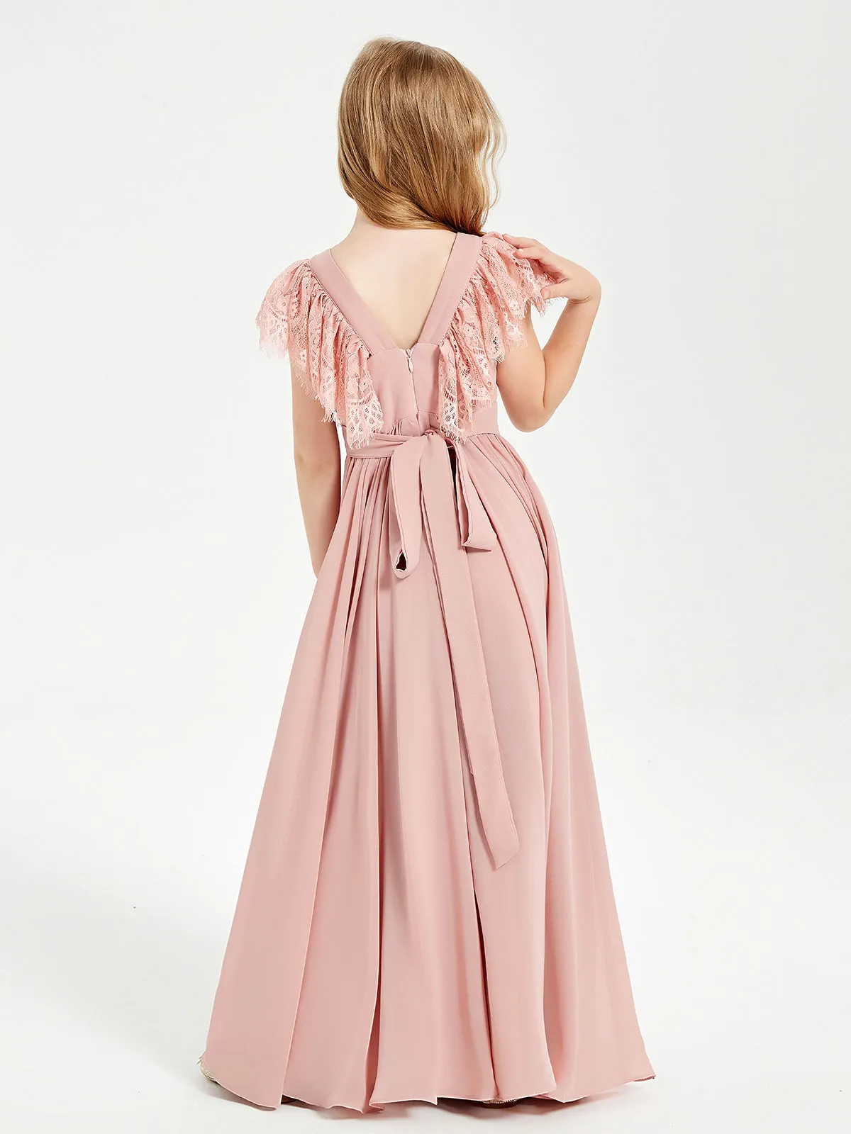 Chiffon Junior Bridesmaid Dresses Lace Flutter Sleeves Scoop Neck Dusty Rose