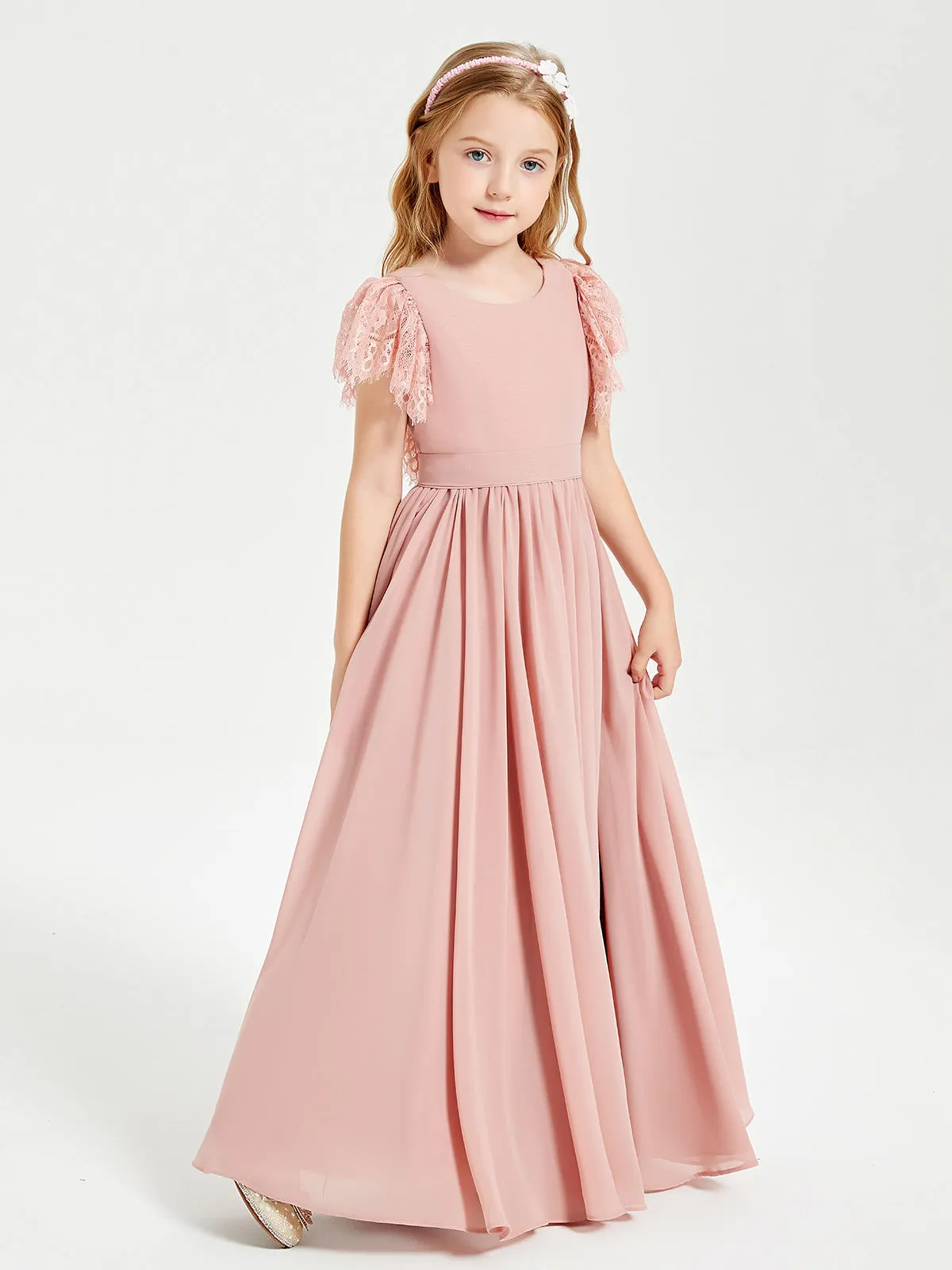 Chiffon Junior Bridesmaid Dresses Lace Flutter Sleeves Scoop Neck Dusty Rose