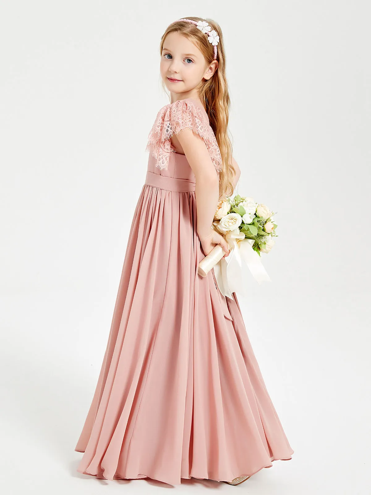 Chiffon Junior Bridesmaid Dresses Lace Flutter Sleeves Scoop Neck Dusty Rose