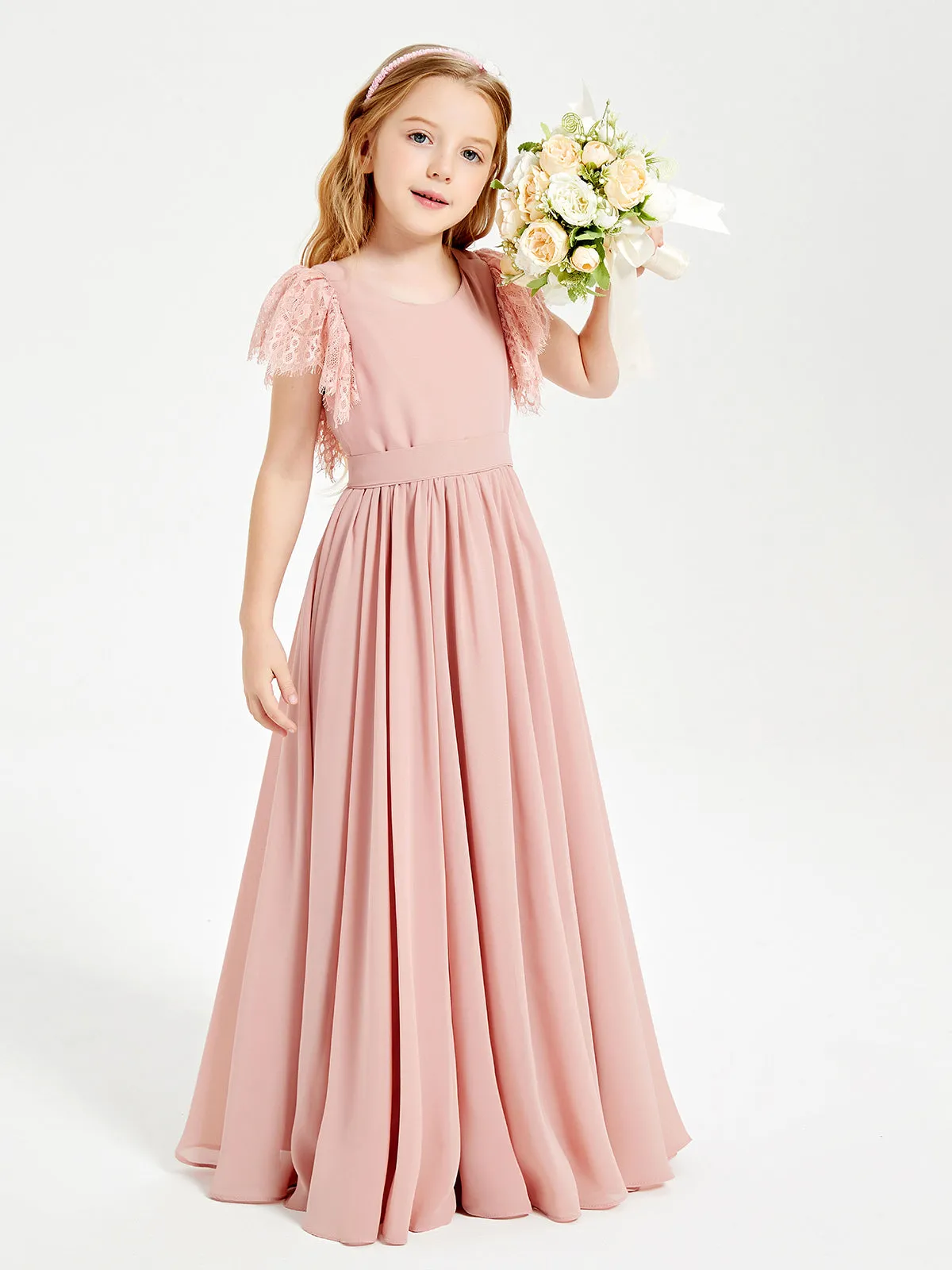 Chiffon Junior Bridesmaid Dresses Lace Flutter Sleeves Scoop Neck Dusty Rose