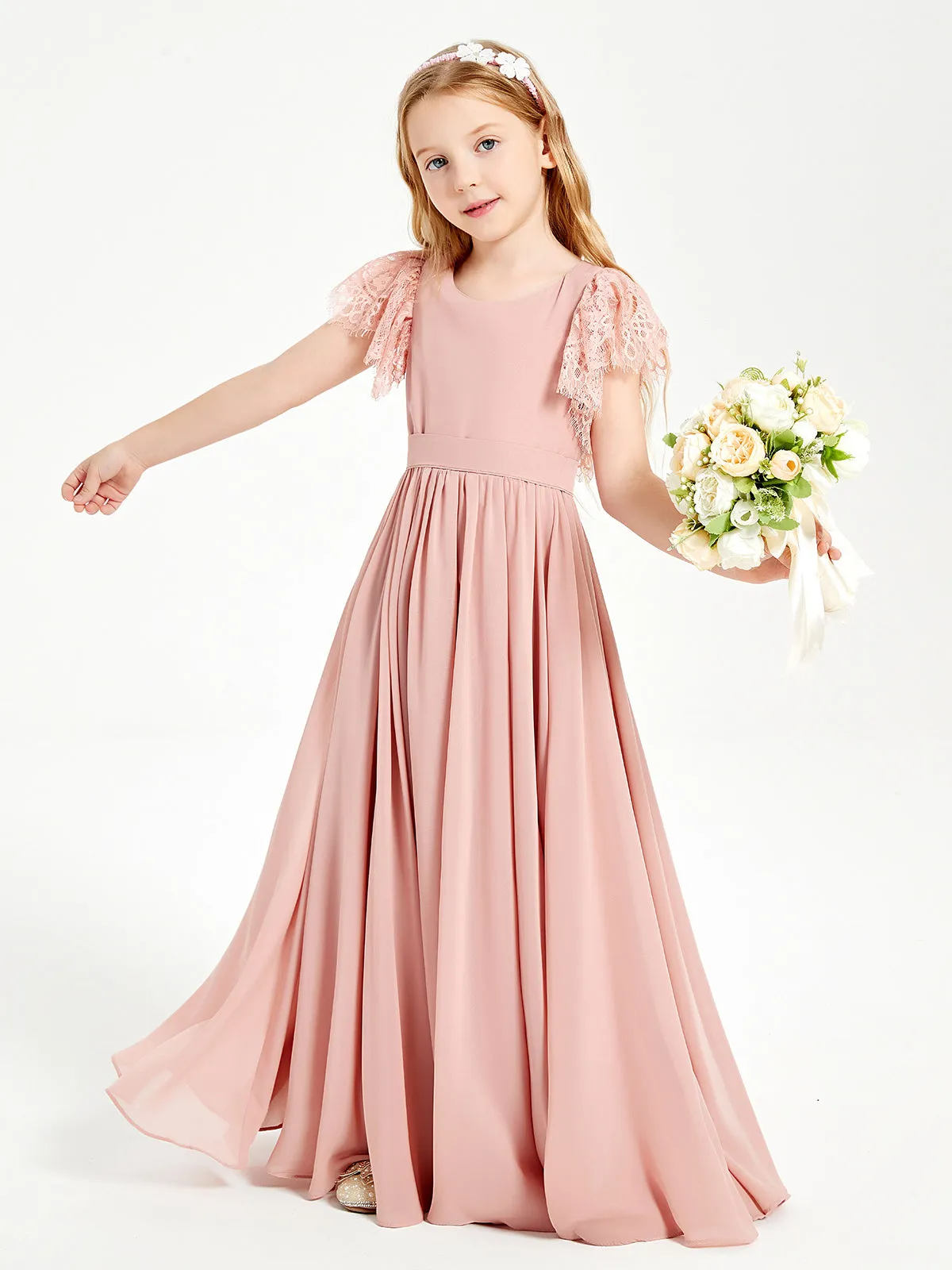 Chiffon Junior Bridesmaid Dresses Lace Flutter Sleeves Scoop Neck Dusty Rose