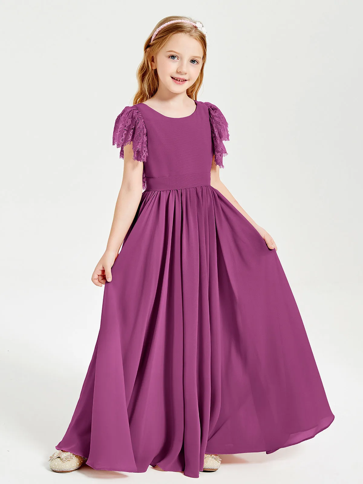 Chiffon Junior Bridesmaid Dresses Lace Flutter Sleeves Scoop Neck Orchid