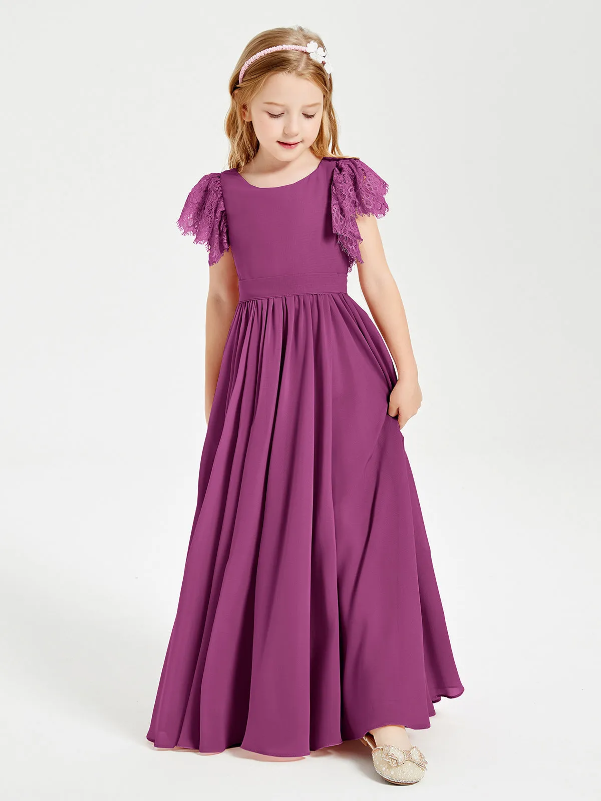 Chiffon Junior Bridesmaid Dresses Lace Flutter Sleeves Scoop Neck Orchid