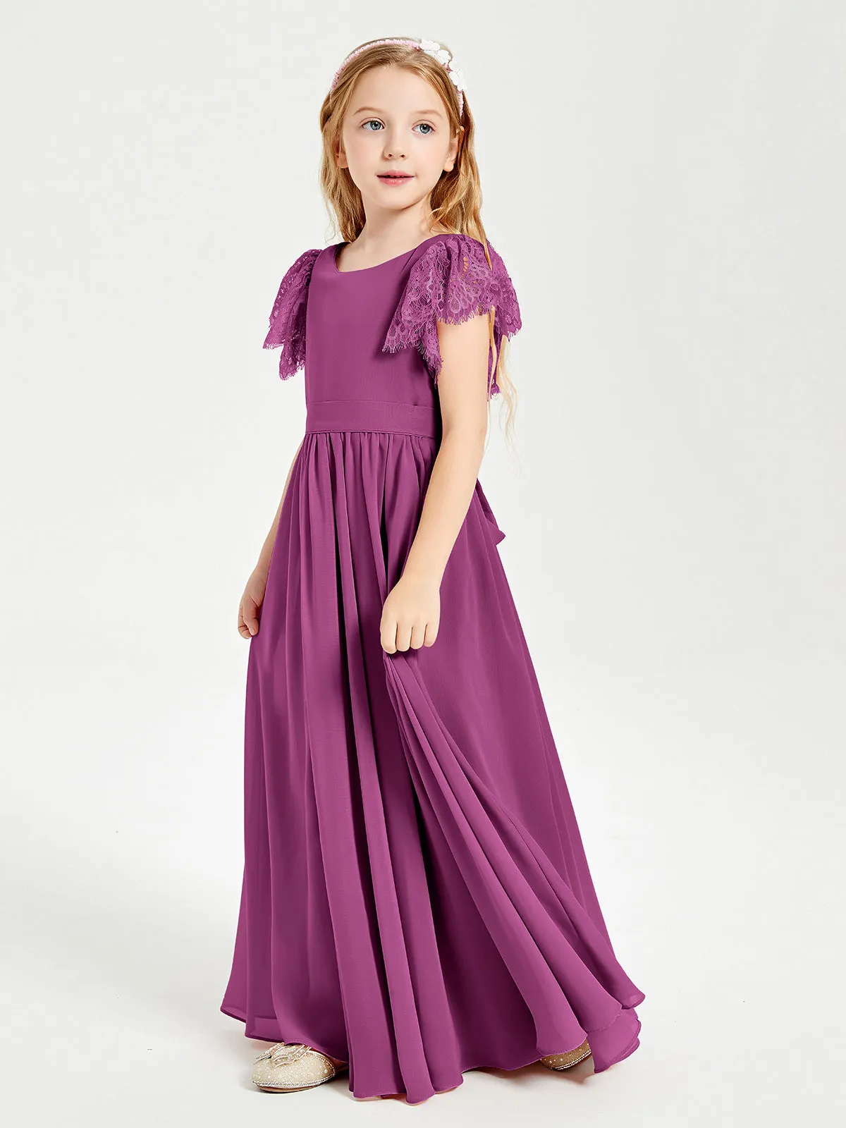 Chiffon Junior Bridesmaid Dresses Lace Flutter Sleeves Scoop Neck Orchid