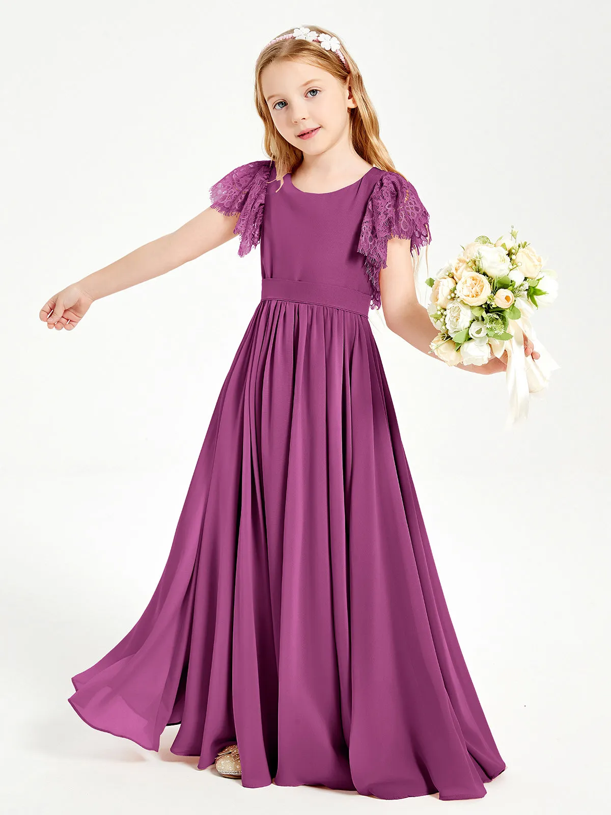 Chiffon Junior Bridesmaid Dresses Lace Flutter Sleeves Scoop Neck Orchid