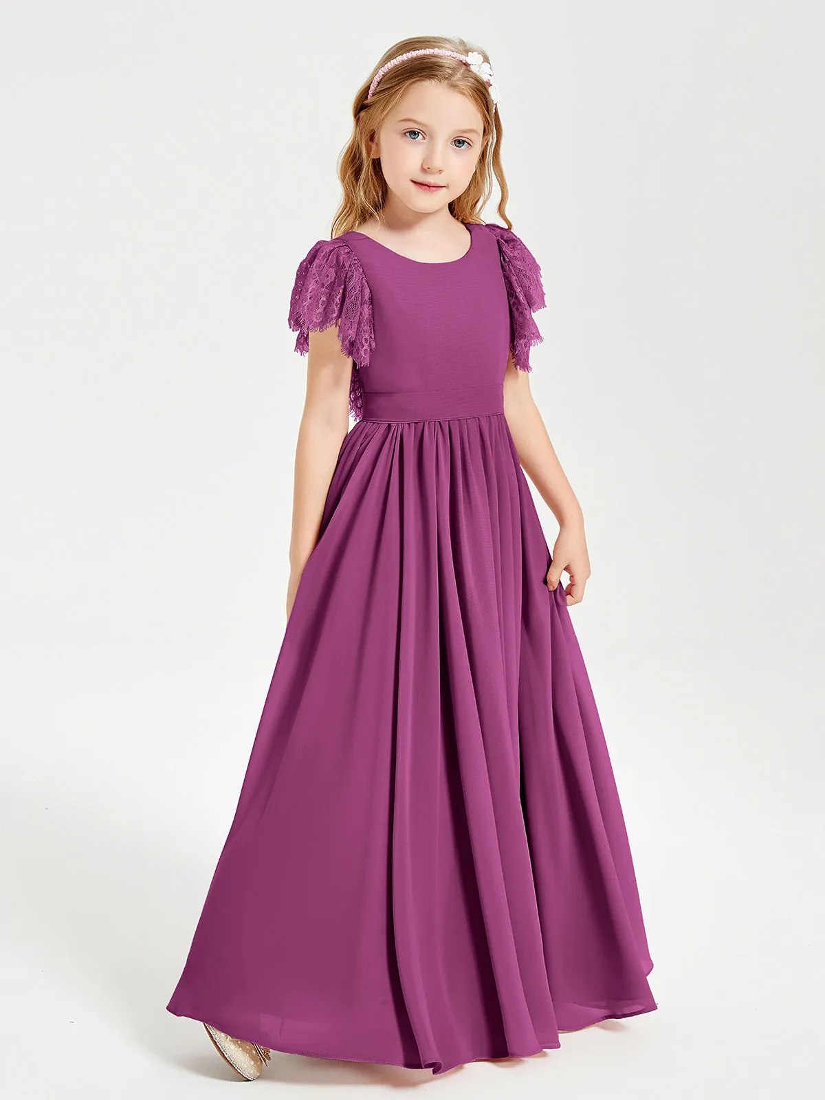 Chiffon Junior Bridesmaid Dresses Lace Flutter Sleeves Scoop Neck Orchid