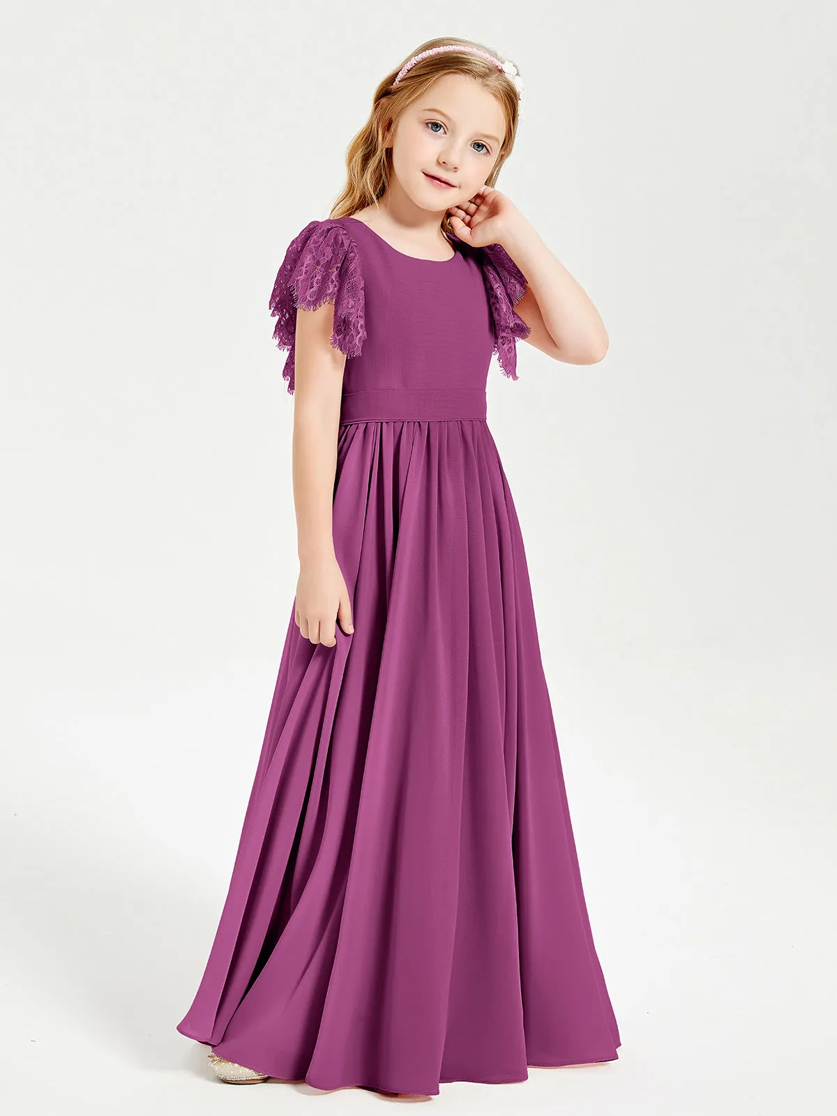 Chiffon Junior Bridesmaid Dresses Lace Flutter Sleeves Scoop Neck Orchid