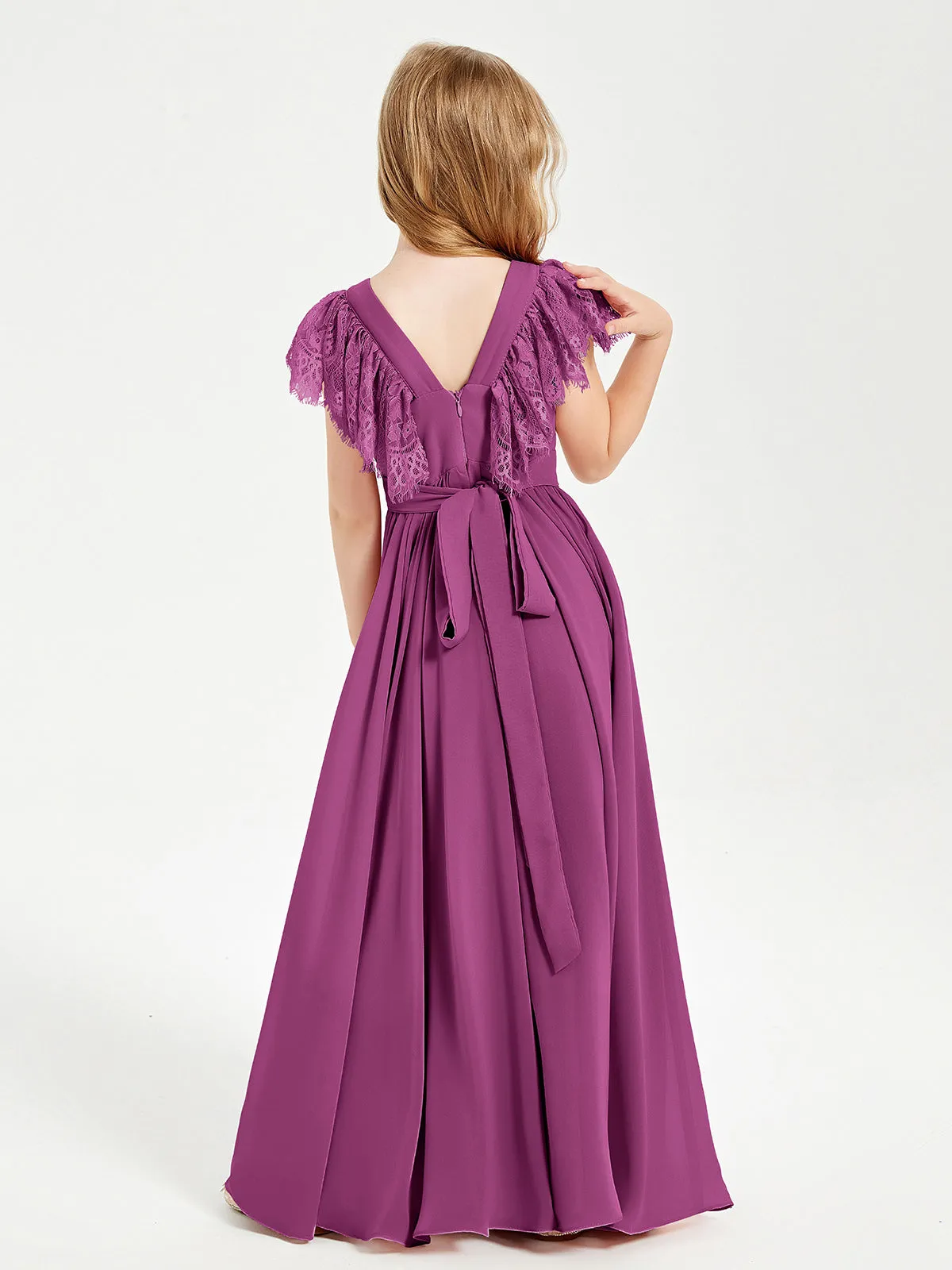 Chiffon Junior Bridesmaid Dresses Lace Flutter Sleeves Scoop Neck Orchid