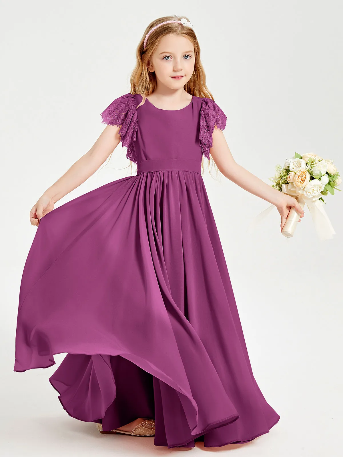 Chiffon Junior Bridesmaid Dresses Lace Flutter Sleeves Scoop Neck Orchid