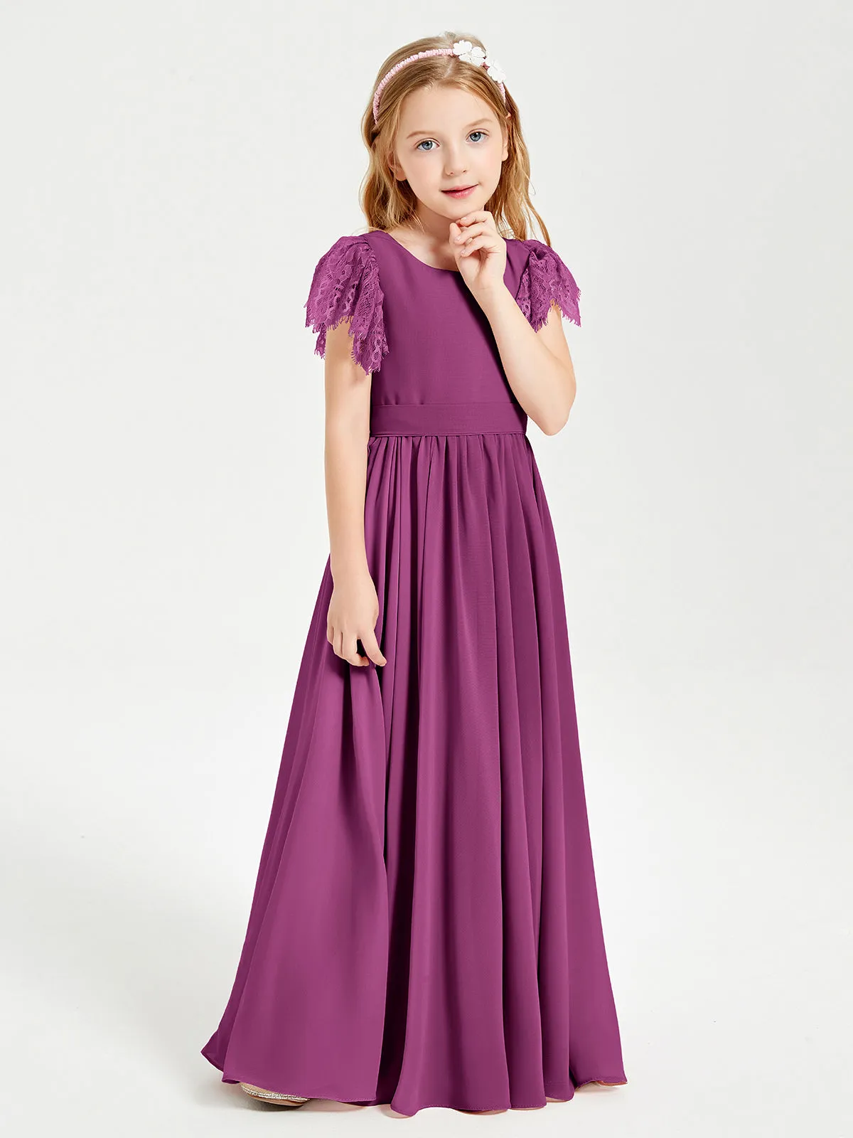 Chiffon Junior Bridesmaid Dresses Lace Flutter Sleeves Scoop Neck Orchid