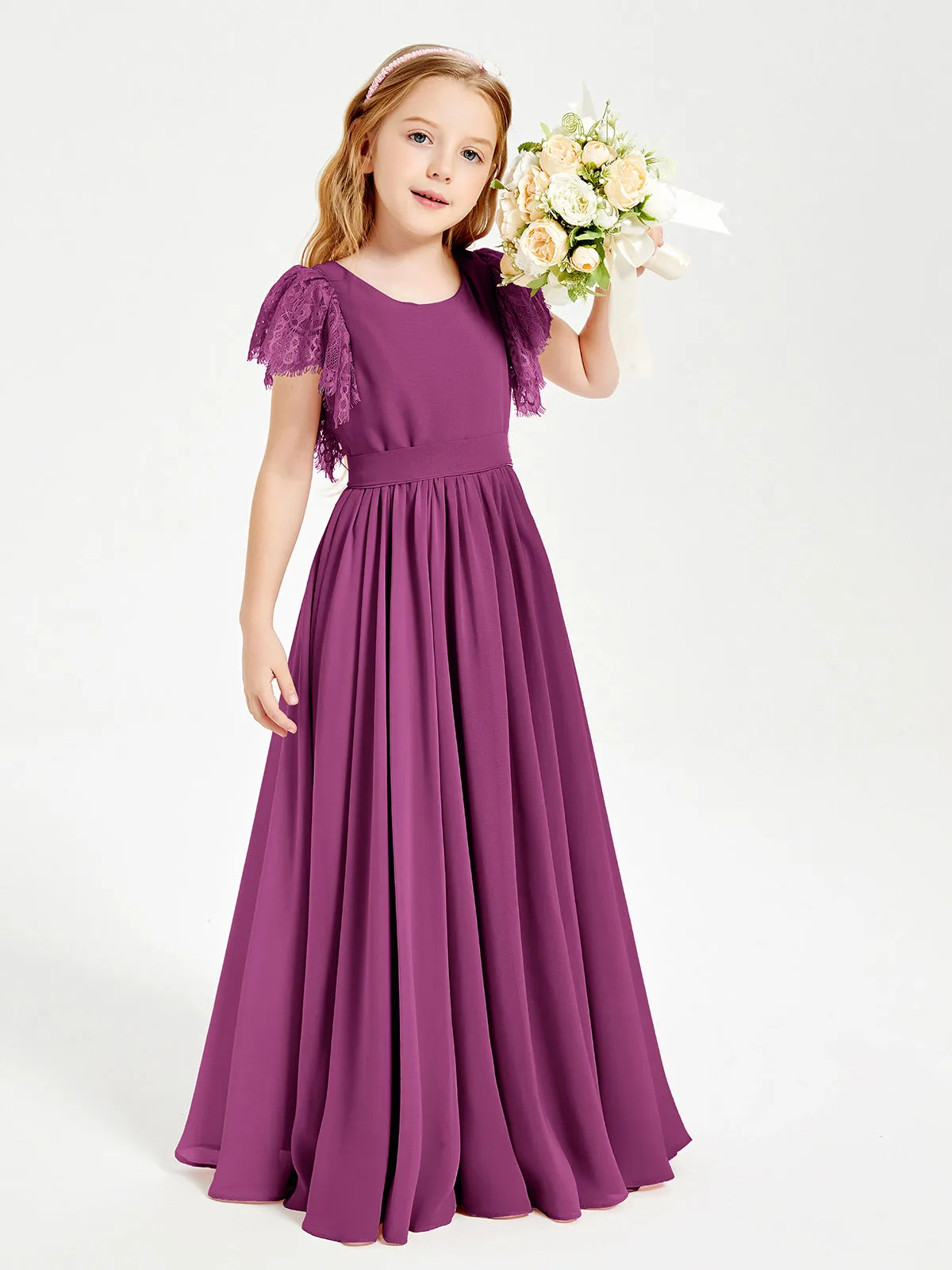 Chiffon Junior Bridesmaid Dresses Lace Flutter Sleeves Scoop Neck Orchid