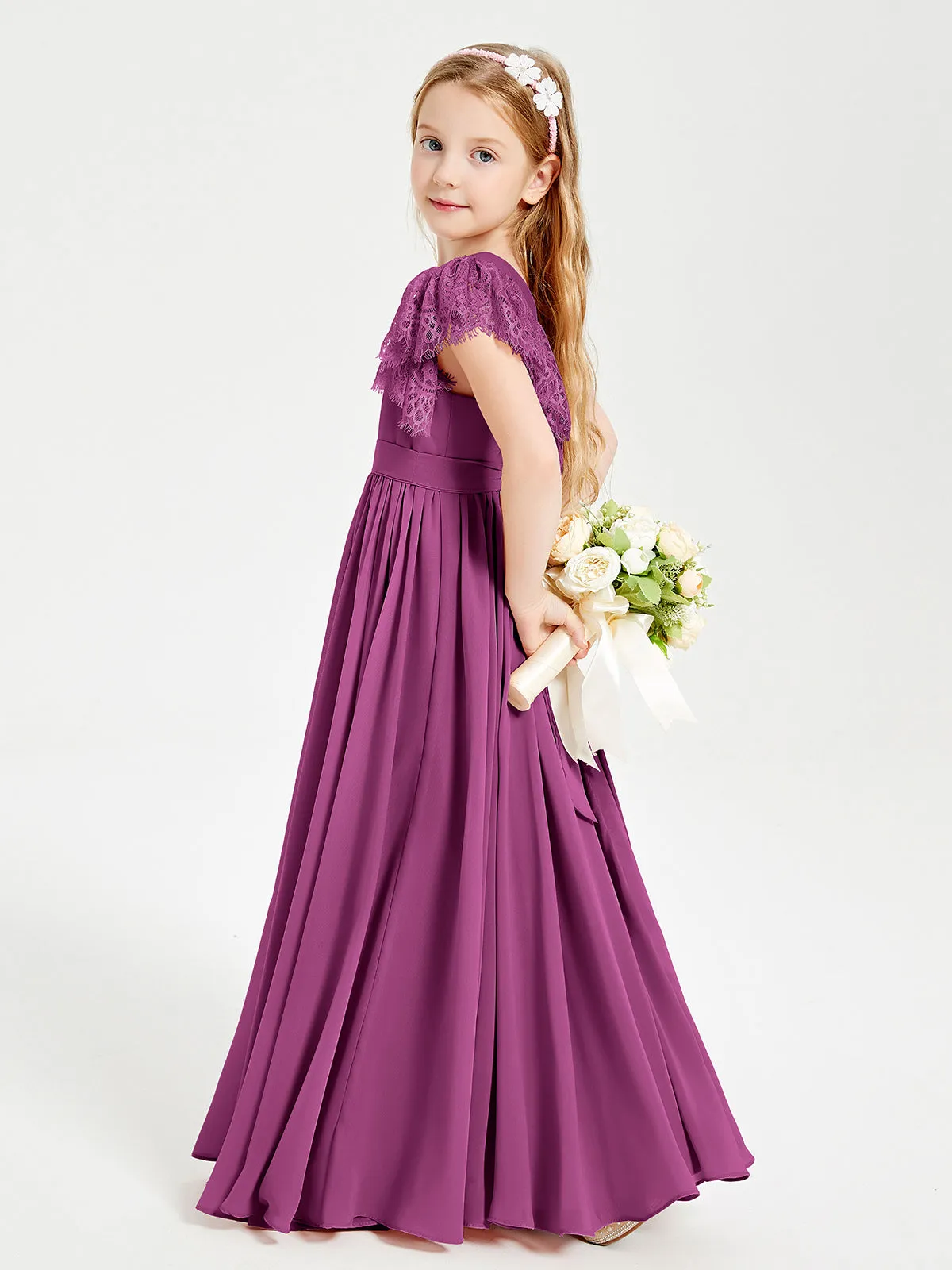 Chiffon Junior Bridesmaid Dresses Lace Flutter Sleeves Scoop Neck Orchid