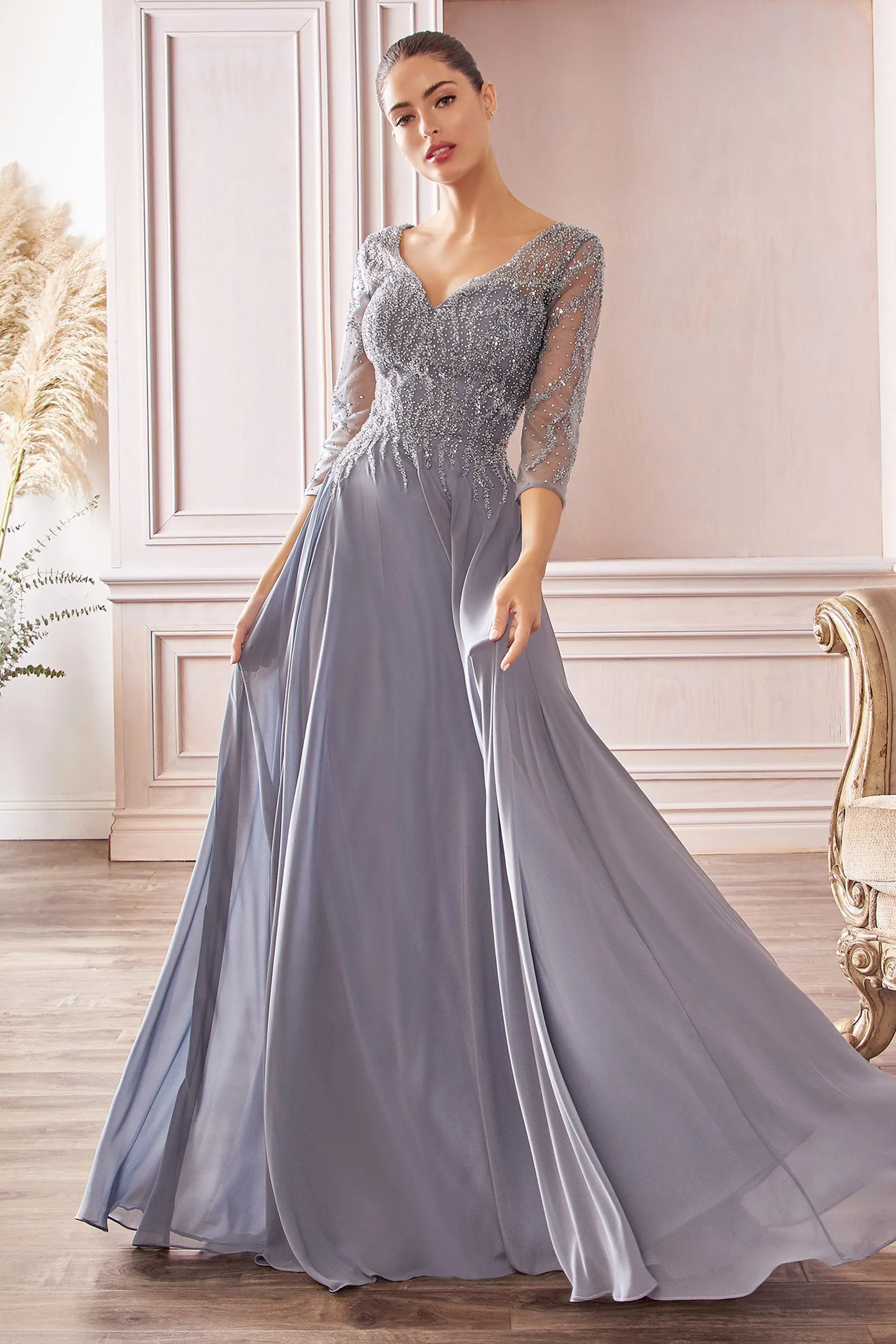 CINDERELLA DIVINE CD0171 3/4 Sleeve Chiffon A-Line Gown