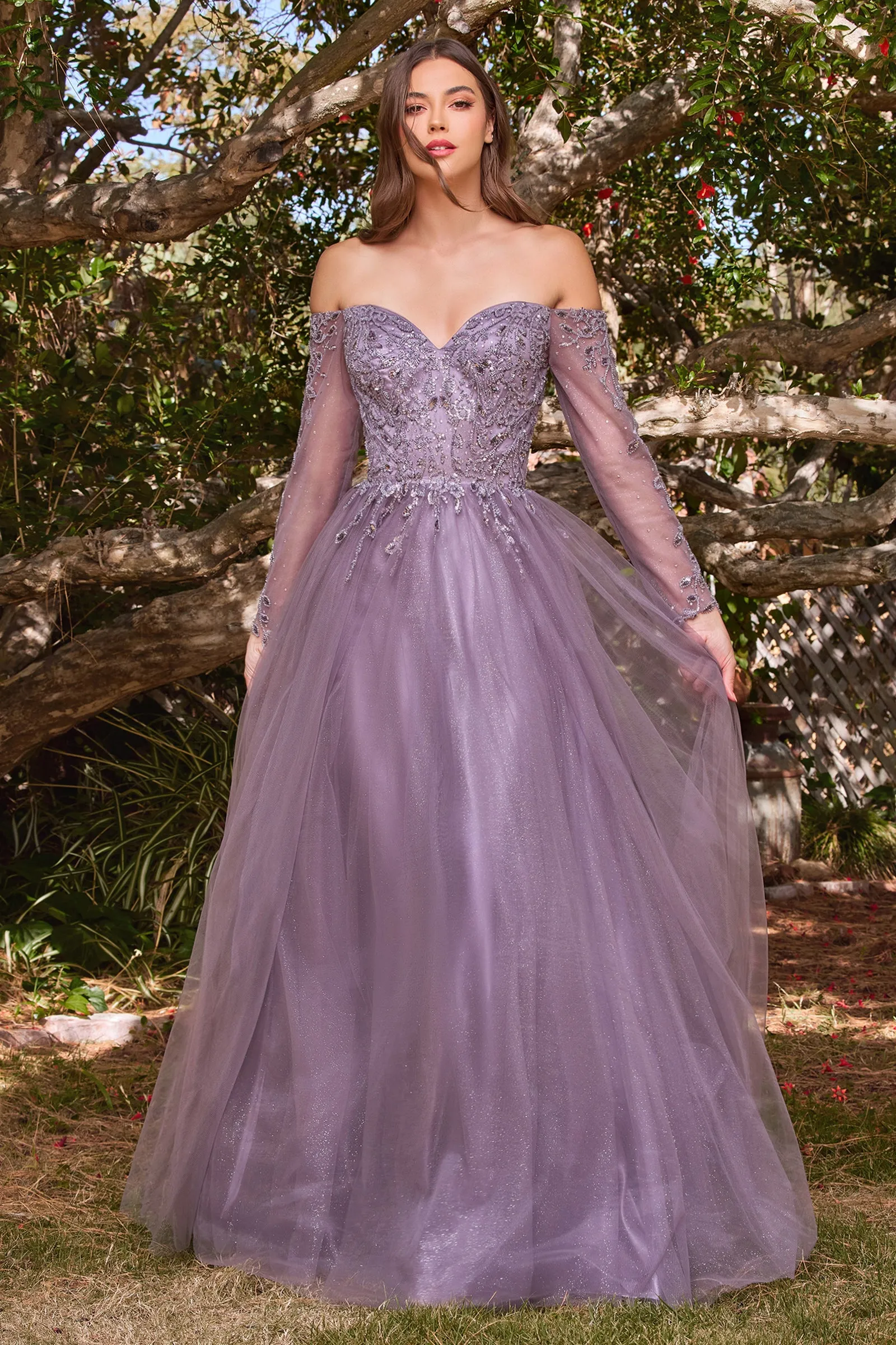 CINDERELLA DIVINE CD0172 Off-Shoulder Beaded A-Line Tulle Gown