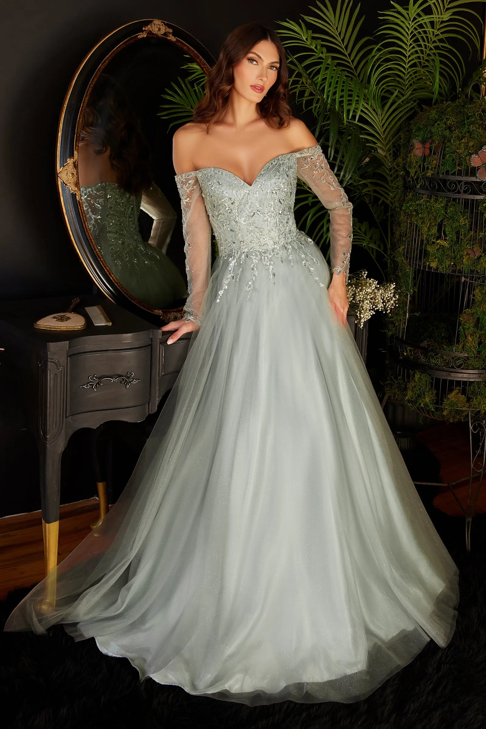 CINDERELLA DIVINE CD0172 Off-Shoulder Beaded A-Line Tulle Gown