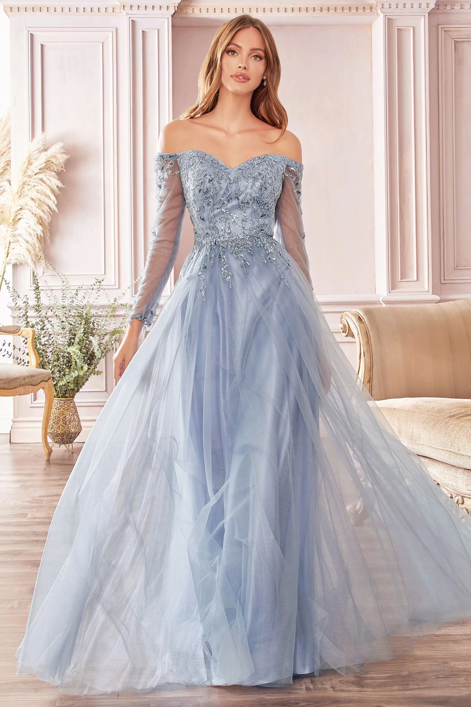 CINDERELLA DIVINE CD0172 Off-Shoulder Beaded A-Line Tulle Gown