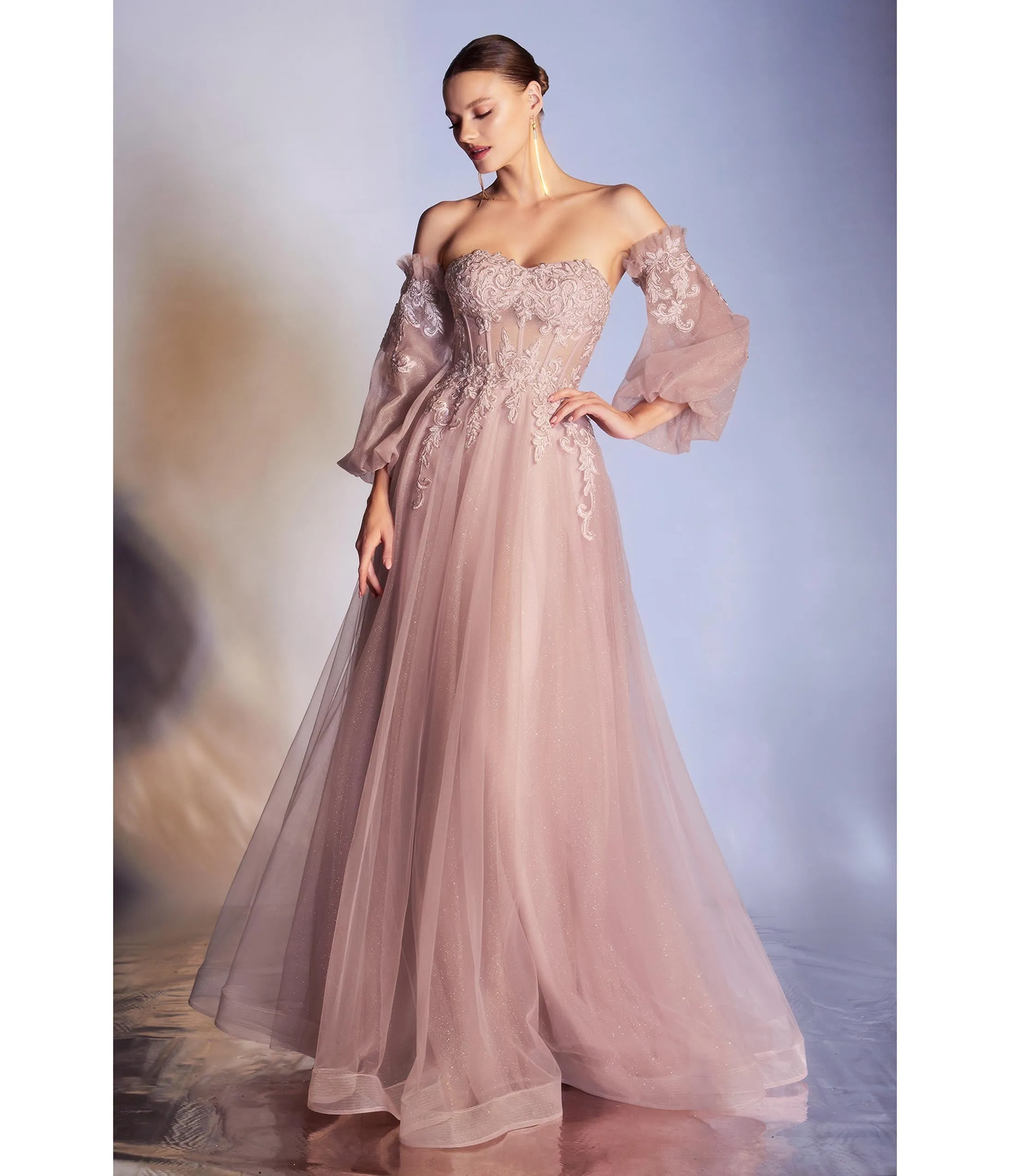 Cinderella Divine  Dusty Rose Glitter Off The Shoulder Corset Prom Gown