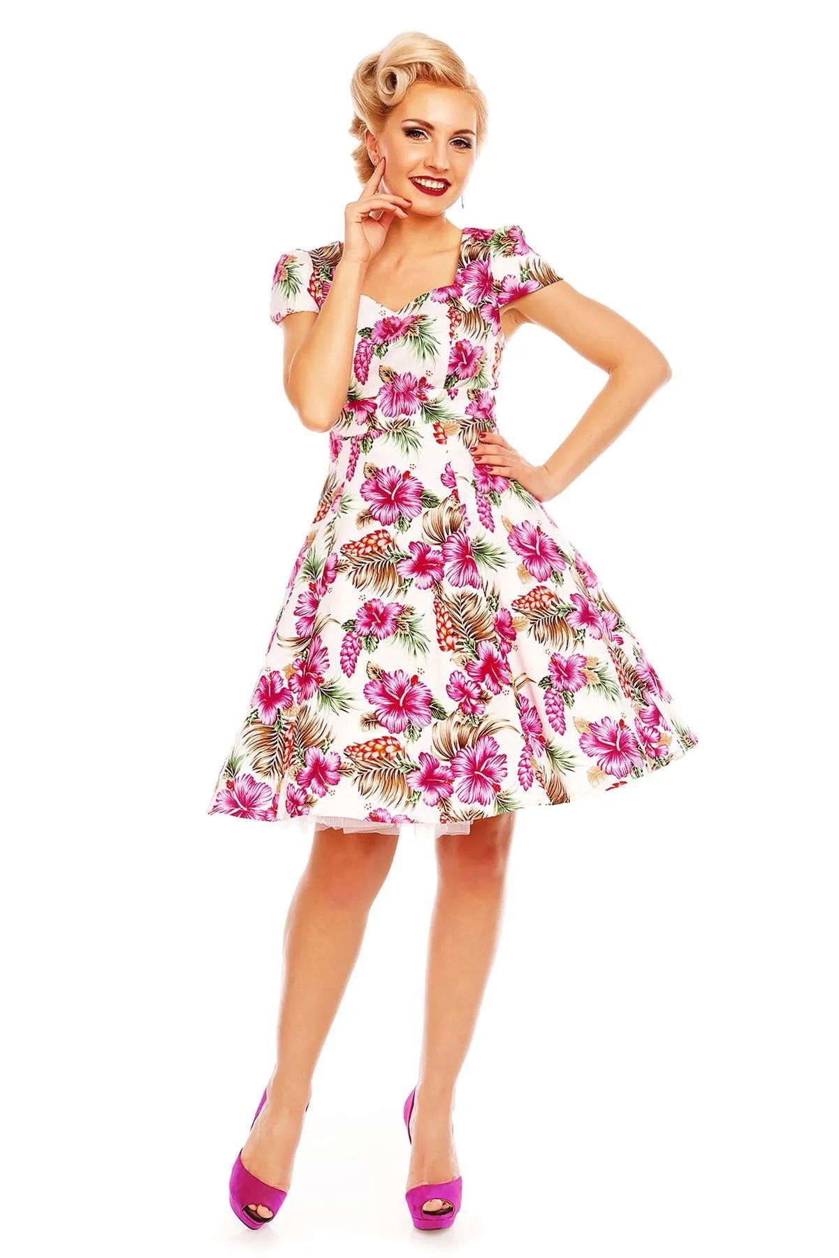 Claudia Flirty Fifties Swing Orchid Dress in White-Pink