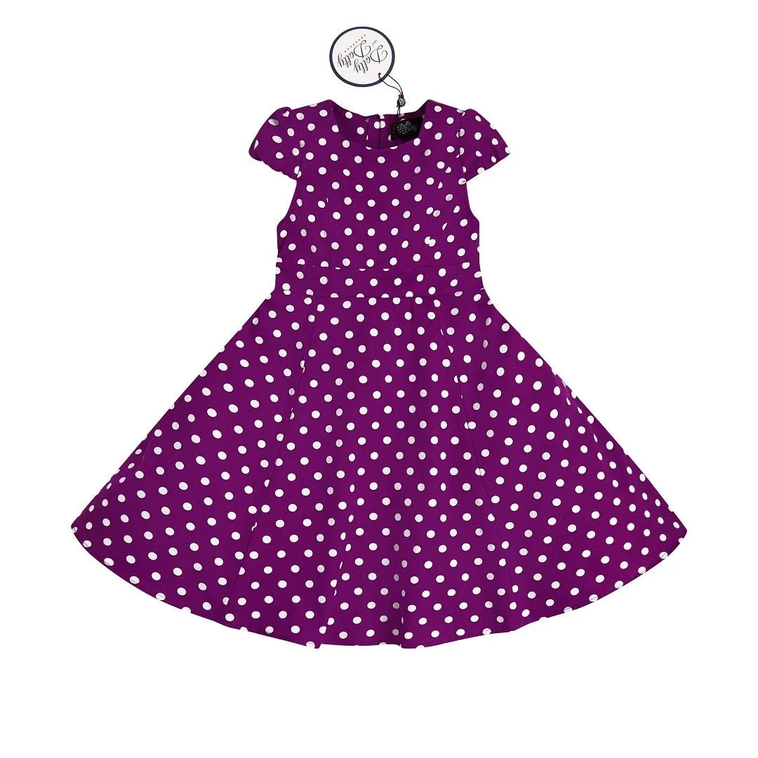 Claudia Vintage Inspired Children Dress in Purple with Off White Polka Dots