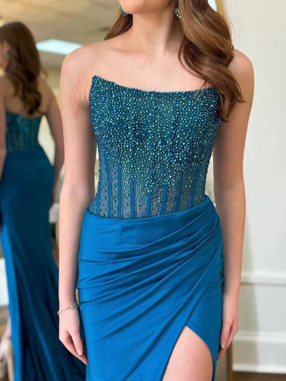 Cosmo | Mermaid Scoop Neck Blue Satin Long Prom Dresses