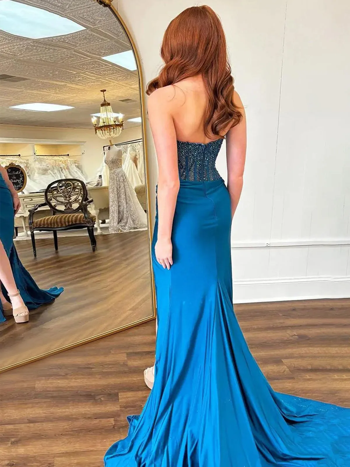 Cosmo | Mermaid Scoop Neck Blue Satin Long Prom Dresses