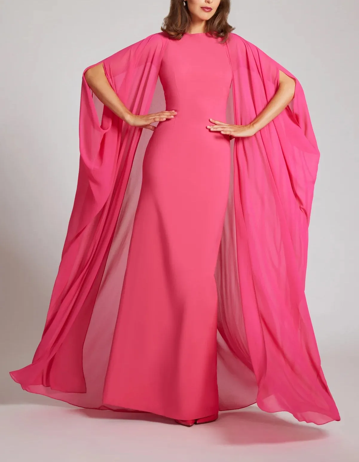 Crepe Column With Chiffon Overlay Cape Gown