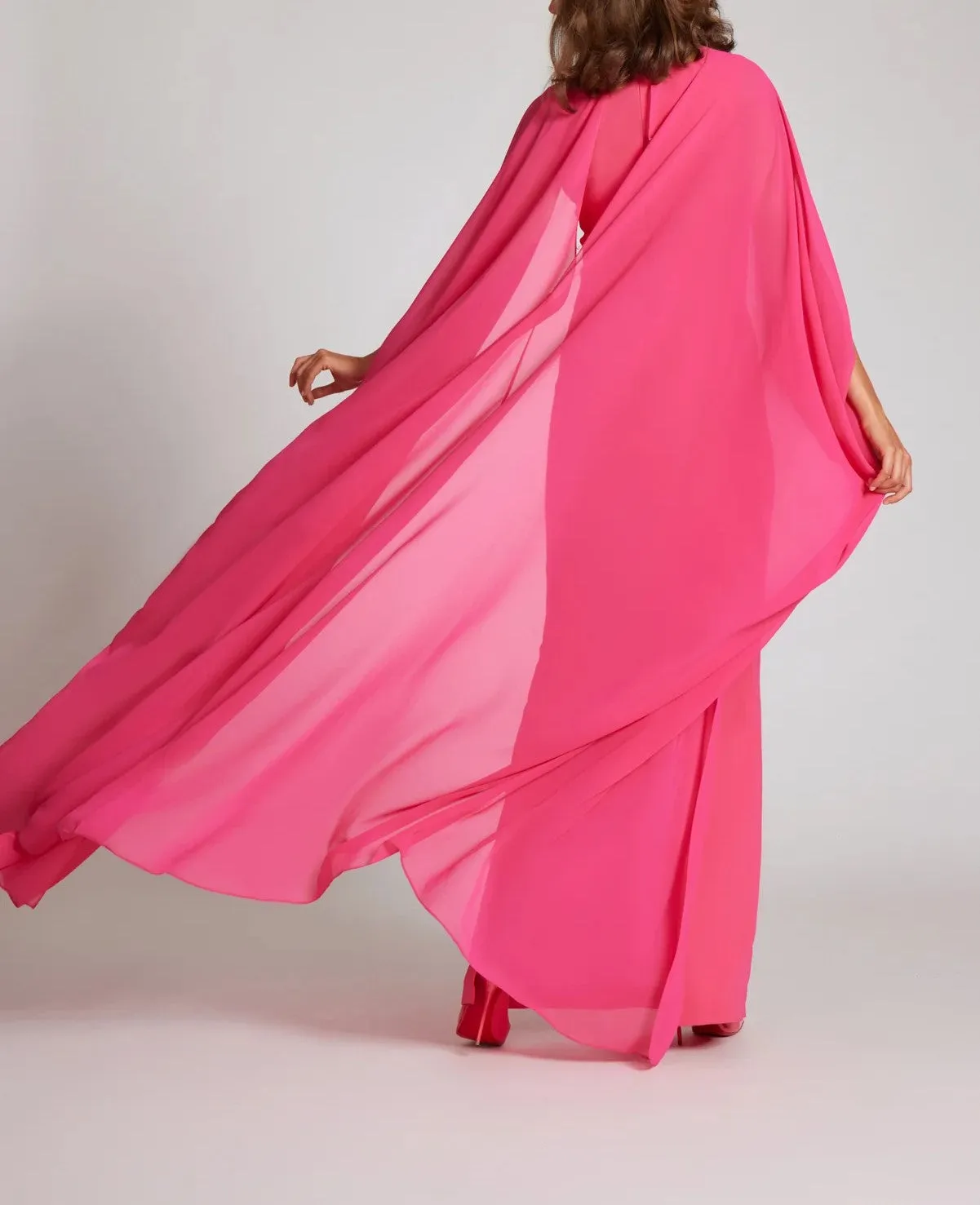 Crepe Column With Chiffon Overlay Cape Gown