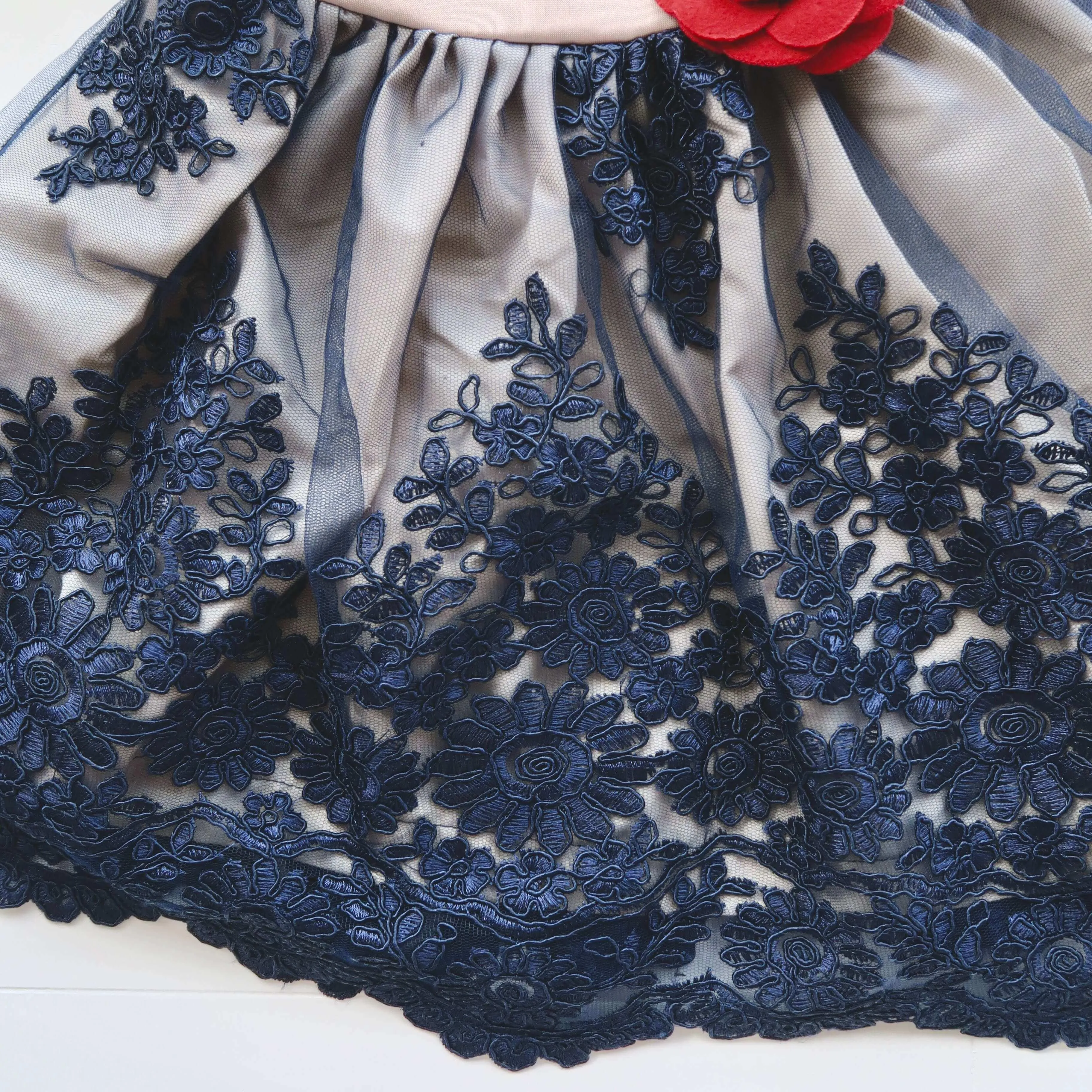 Dahlia Dress in Nude Neoprene and Navy Floral Tulle Embroidery