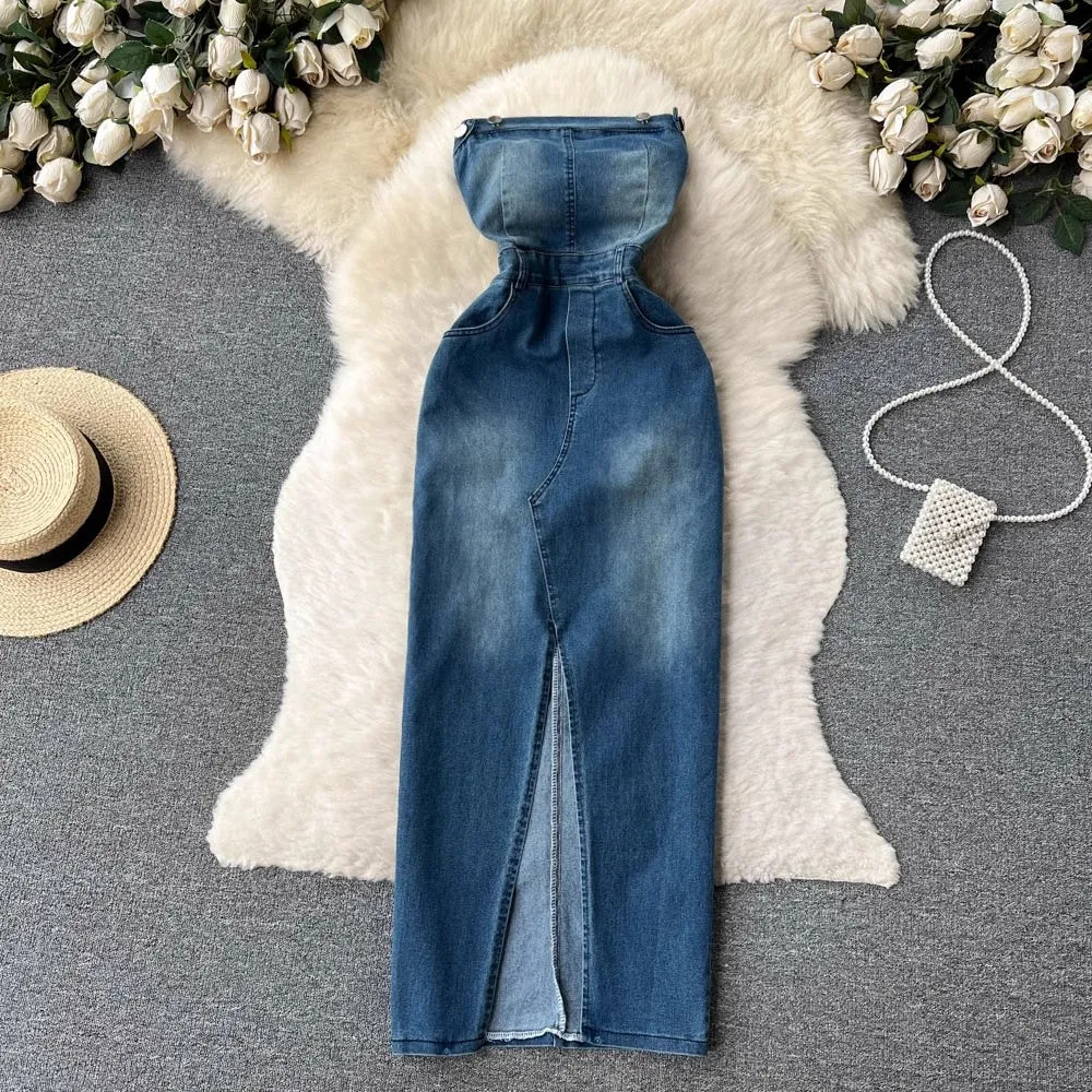 denim dress for women sexy slit retro style skirt trendy     S4566